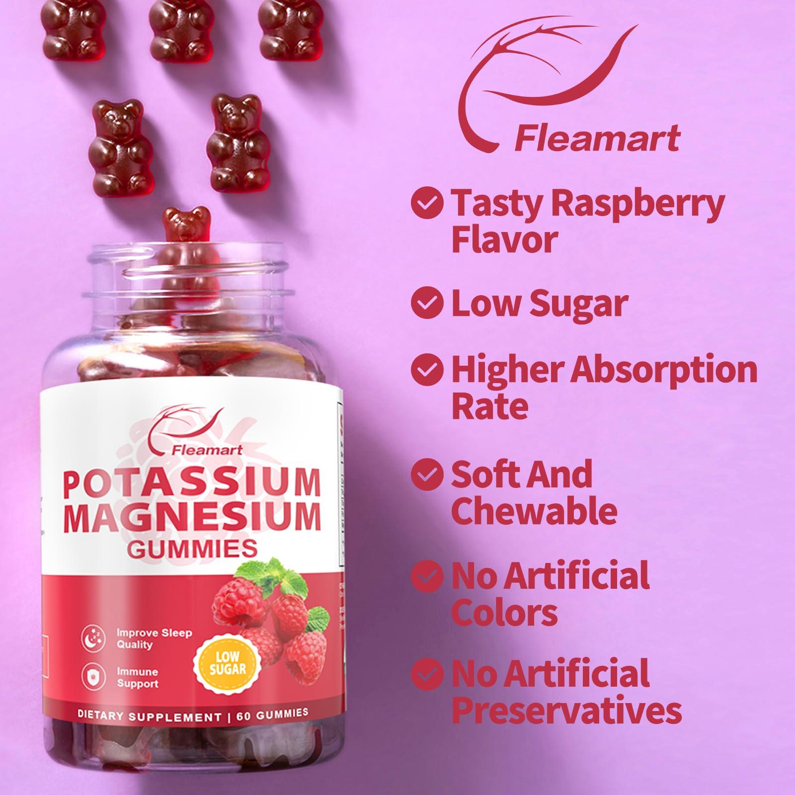 Fleamart Potassium Magnesium Gummies Potassium Citrate 99mg Magnesium Citrate 250mg Magnesium Potassium Complex Supplement, Immune Support, Leg Cramps Muscle Health, 60 Raspberry Gummies 2 Pack
