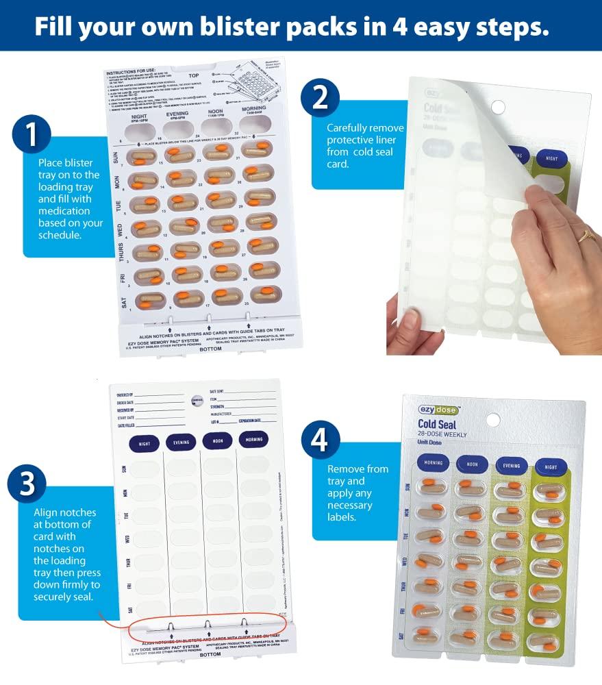 Apothecary Medication Blister Pack Refill Set Cold Seal - Includes Blister Trays & Cold-Seal Cards - Pill Blister Sizes Regular or Jumbo Blisters (Weekly - Jumbo 5/8" Deep - 50 Pack)