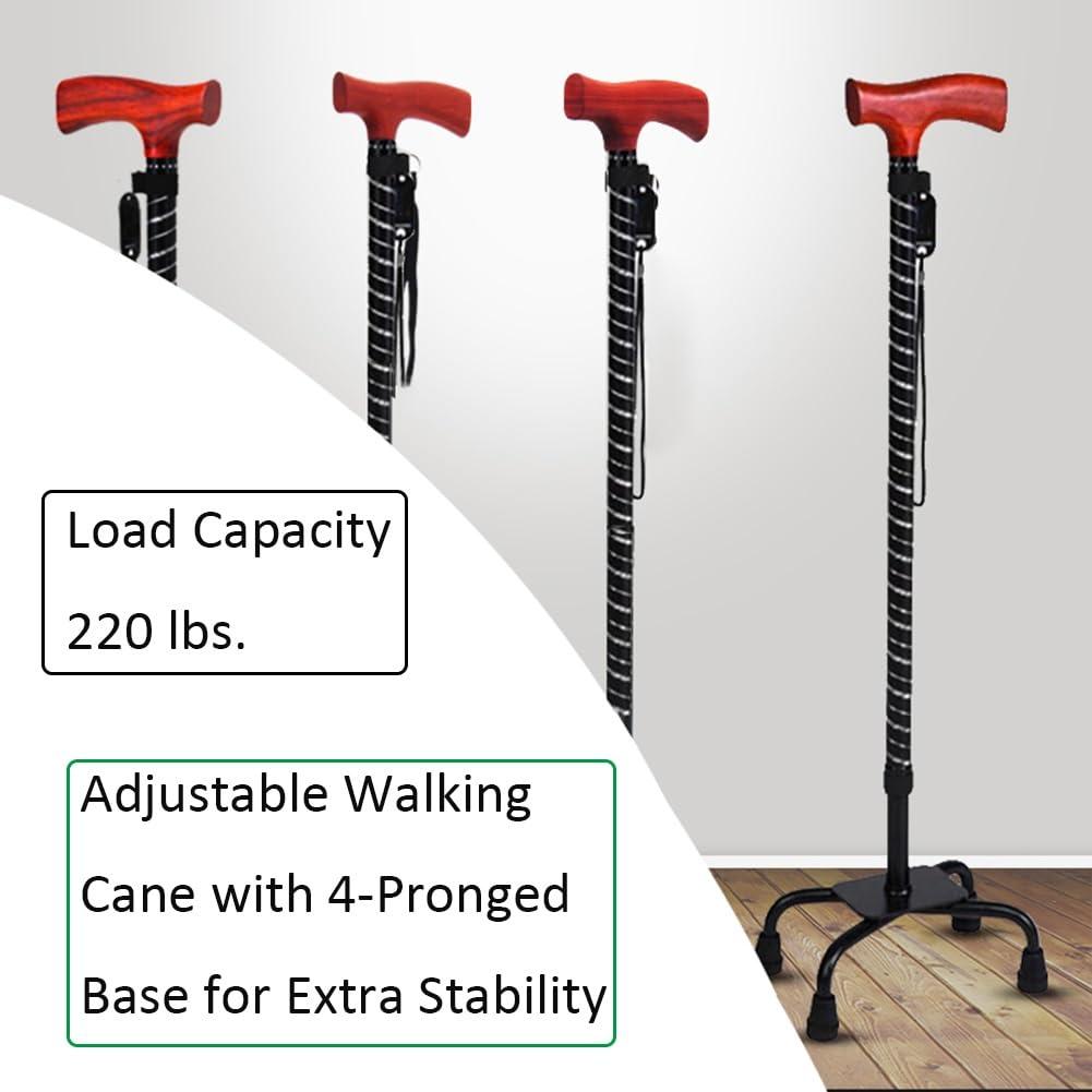 D Ger Store Adjustable Walking Cane (x1) with Four Pronged Base for Extra Stability, Great for Travel or Work