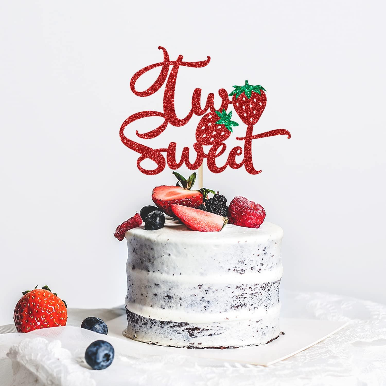 Sriburcio Red Glitter Two Sweet Cake Topper, Sweet to Be Two/Two Cute/Two Wild/Happy 2nd Birthday, Strawberry Themed 2nd Birthday Party Decorations