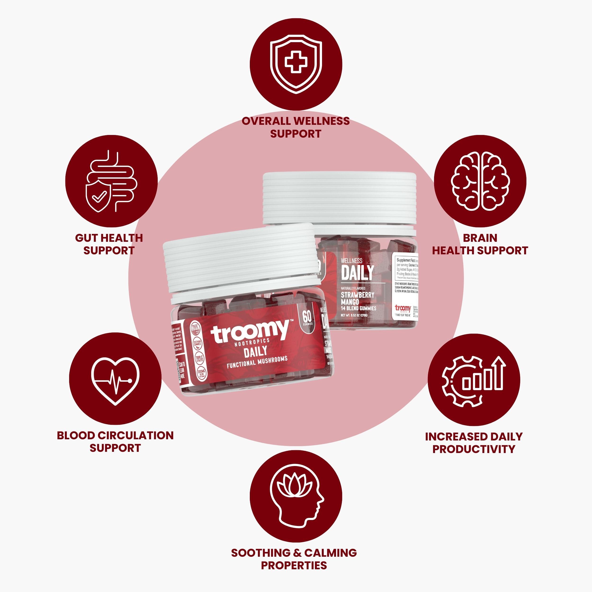 Troomy Nootropics Troomy Daily 14 Mushroom Blend Gummies - Great Tasting Natural Mango Strawberry Flavor, Gelatin-Free, Gluten-Free, Vegetarian - 60 Count
