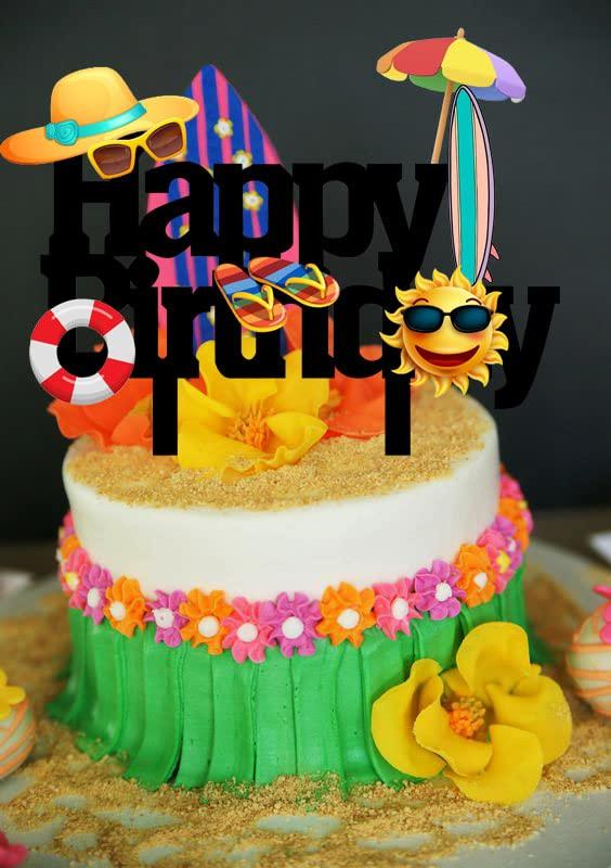 MUJUPOWL Funny Summer Happy Birthday Cake Topper Cartoon Beach Party Theme Happy Birthday Cake Topper for Kid's Adults Seaside Birthday Cake Topper (Beach)