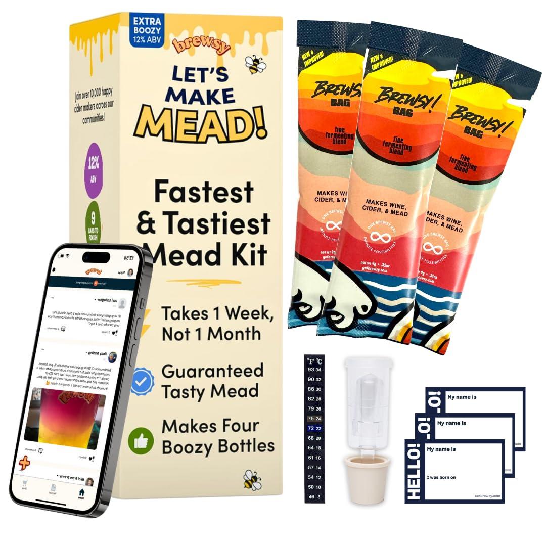 Brewsy Brewsy Starter Kit for Mead Making - Custom Mead Kit - 4 Bottles in 9 Days - Use Any Juice