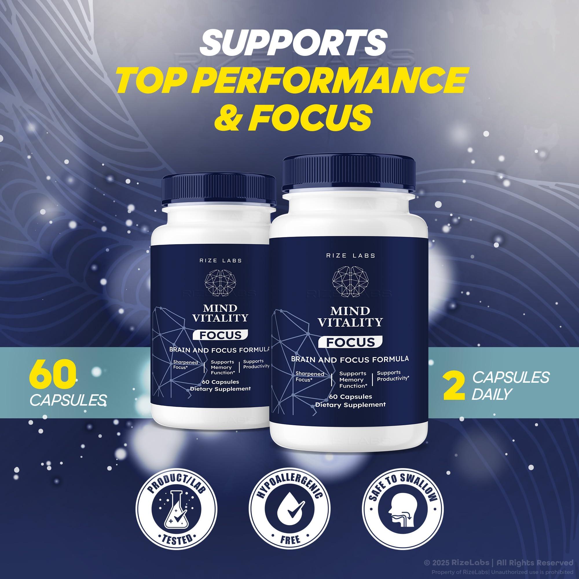 rize labs Mind Vitality Focus Brain Supplement, Mind Vitality to Boost Focus and Concentration & Avoid Mid-Afternoon Fatigue, Mind Vitality Advanced Formula Reviews (60 Capsules)