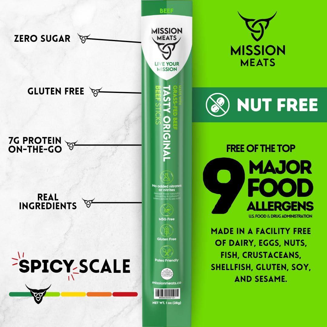 EST. 2015 MISSION MEATS Mission Meats Beef Sticks 100% Grass Fed & Pasture Raised, Zero Sugar, Gluten Free, Meat Sticks Individually Wrapped, Healthy Snacks, Whole 30 & Paleo Friendly, Original 1oz (Pack of 48)