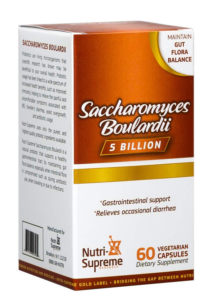 NUTRI-SUPREME RESEARCH Probiotics capsules: Saccharomyces Boulardii Probiotic Dietary Supplement - 60 Vegetarian Capsules Contains 5 billion cfu per capsule - Supports Digestive and Intestinal Health.