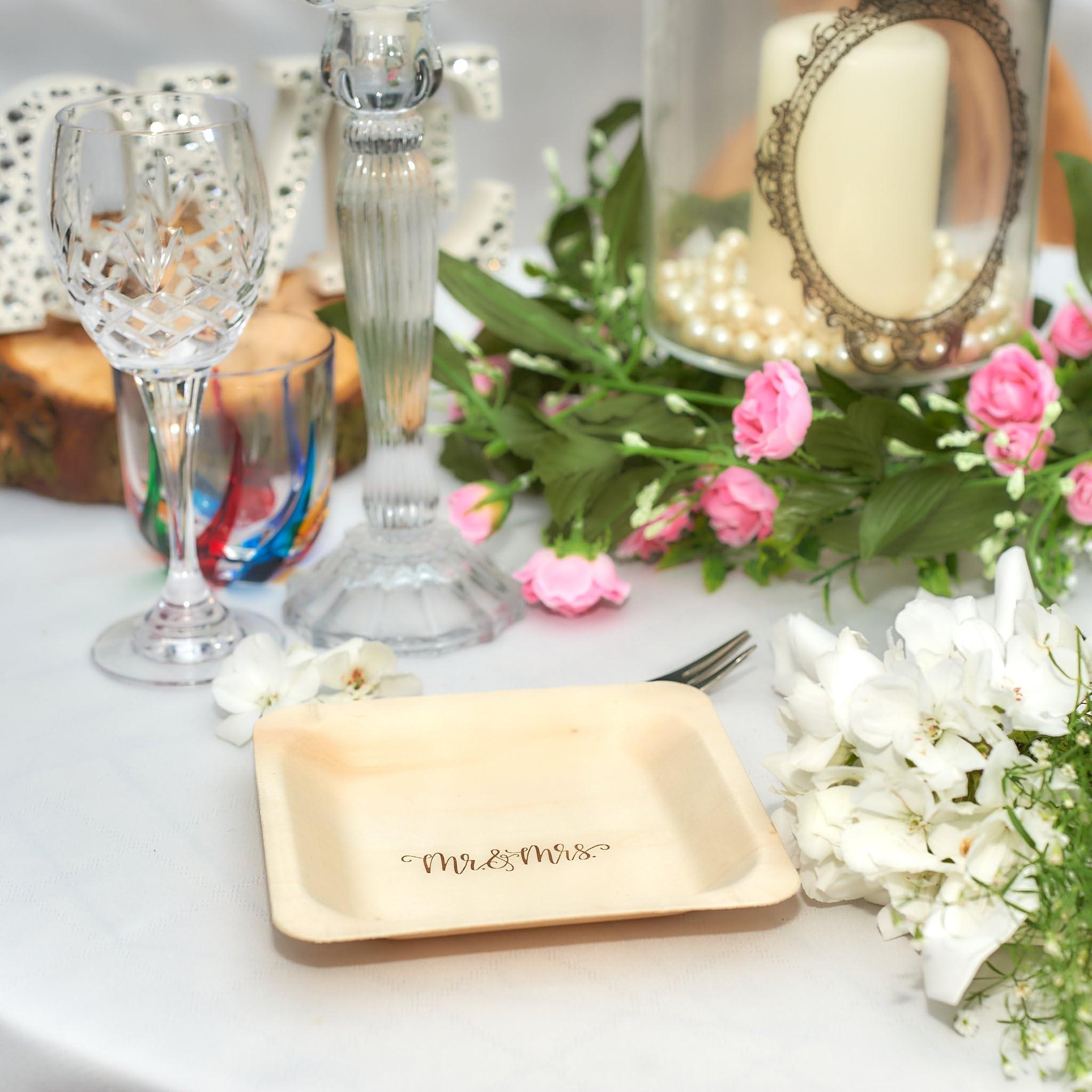 Wood & Wonder Mrs. and Mrs. Disposable Wedding Plates Rustic, Compostable Alternative to Plastic Plates for Wedding Receptions, Engagement Parties, and Rehearsal Dinners (Appetizer, 50-Pack)