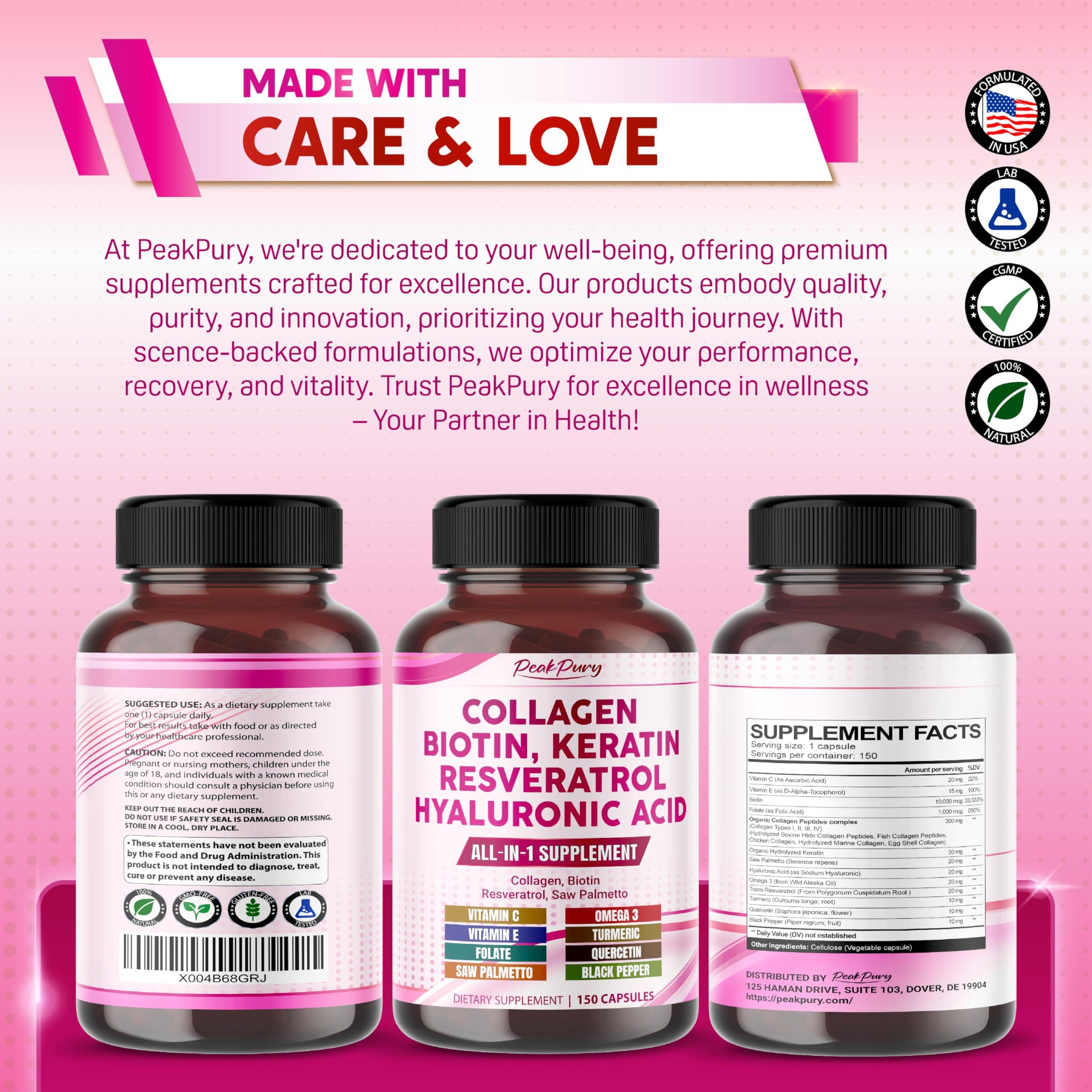 PEAKPURY PEAKPURY Collagen Biotin Resveratrol Saw Palmetto - Skin, Joint Health Support - Made in USA