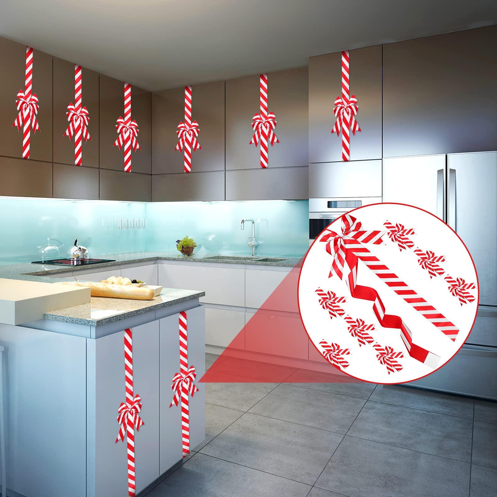 WILLBOND WILLBOND 8 Pieces Christmas Cabinet Ribbons Bows Large Christmas Door Ribbon Cabinet Bows for Christmas Party Supplies(Red and White,Stripe)