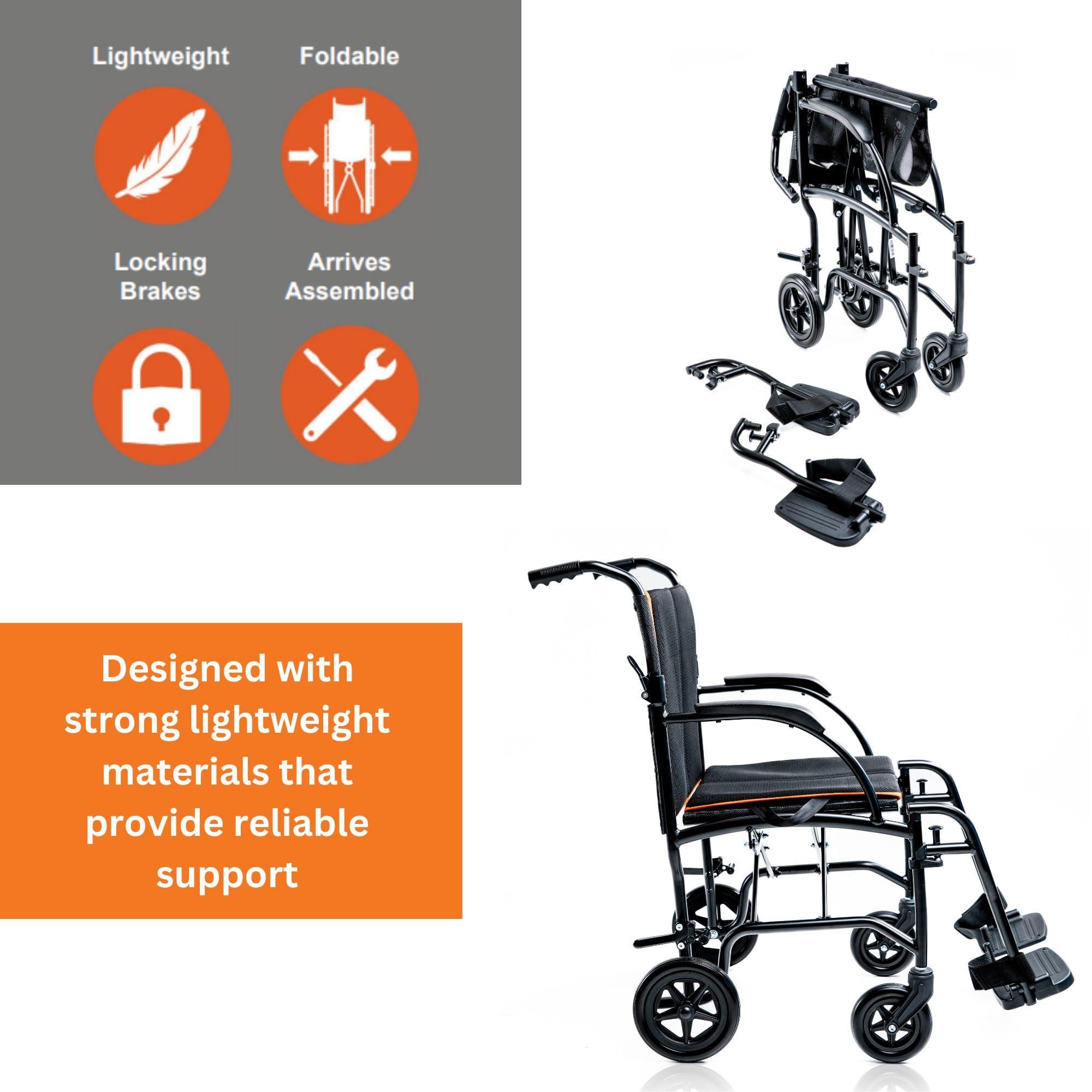 FeatherMobility Feather Mobility - 13lb Frame - Black Lightweight Folding Transport Chair - Without Handbrakes - 300 lb Capacity