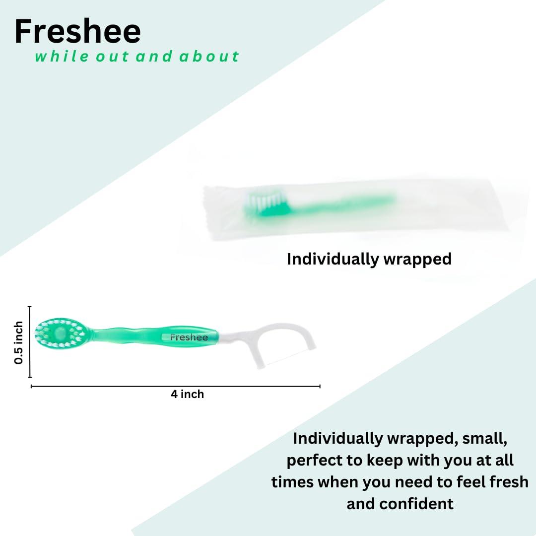 Freshee Freshee 5 in 1 Disposable Mini Toothbrush with Toothpaste + Floss + Pick + Tongue Scraper | Travel Size | Individually Wrapped | Soft | Mint | Travel Set | Oral Care
