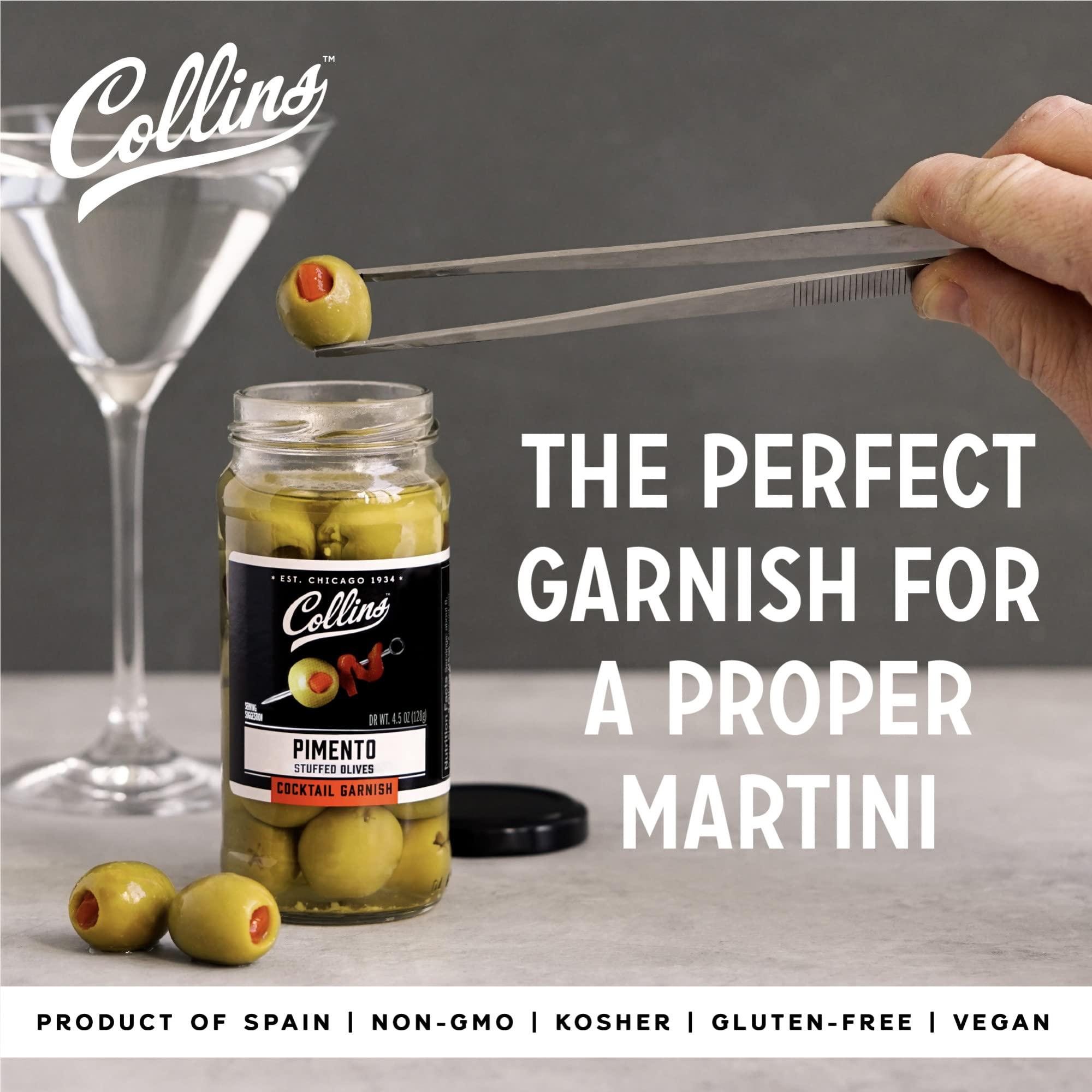 Collins Collins Pimento Stuffed Olives - Gourmet Cocktail Olives - Spanish Queen Olives with Pimento Pepper, Dirty Martini cocktail and Condiment Olives 4.5oz