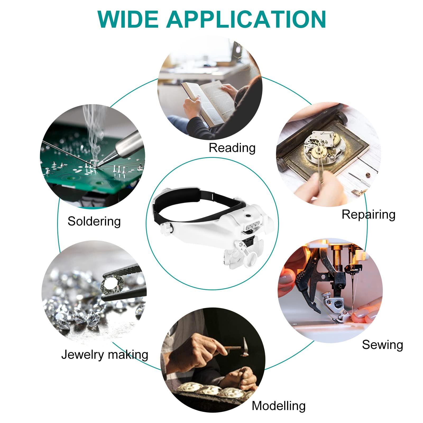 Linkhood Headband Magnifier Glasses, Linkhood 1X to 14X Rechargeable Head Magnifier with LED Light, Handsfree Head Mount Magnifying Glass with 6 Detachable Lens for Close Work Reading Jewelry Crafts Repair