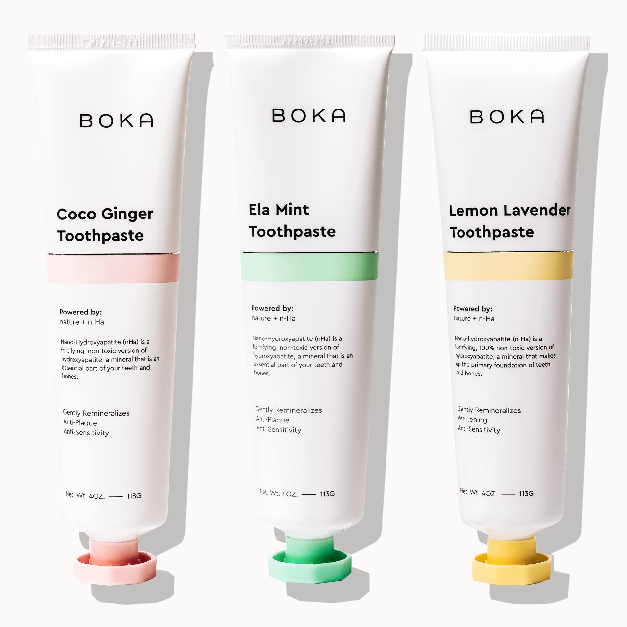 Boka Boka Fluoride Free Toothpaste Nano Hydroxyapatite, Helps Remineralize, Appropriate for Sensitive Teeth, Whitening - for Adult, Kids Oral Care - Ela Mint, Coco Ginger, Lemon Lavender Flavor, 3 Pieces