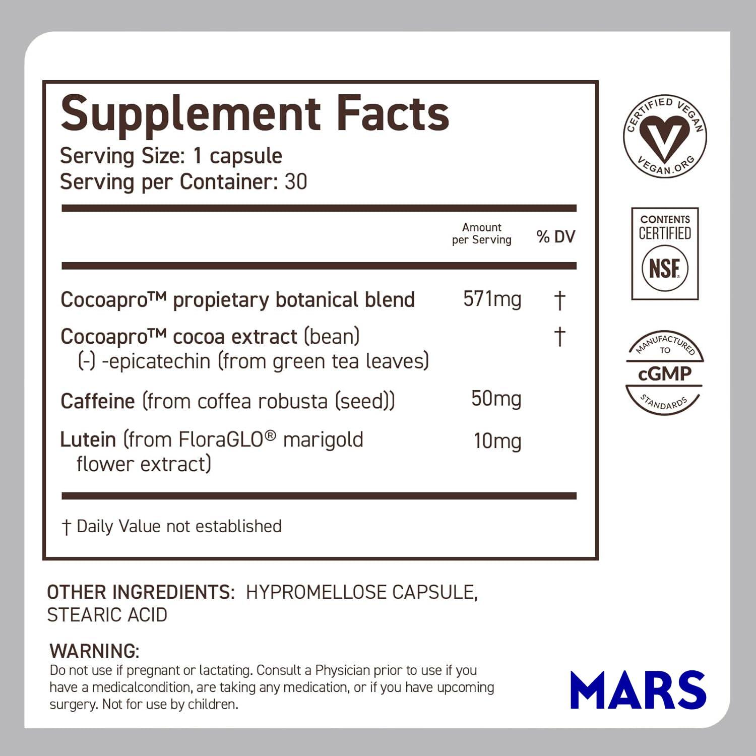 CocoaVia CocoaVia Memory & Focus Brain Supplement, 90 Day, Cocoa Flavanol Blend, Lutein, Added Caffeine for Boost. Improve Cognitive Function, Attention, Vegan & Plant Based, 90 Capsules