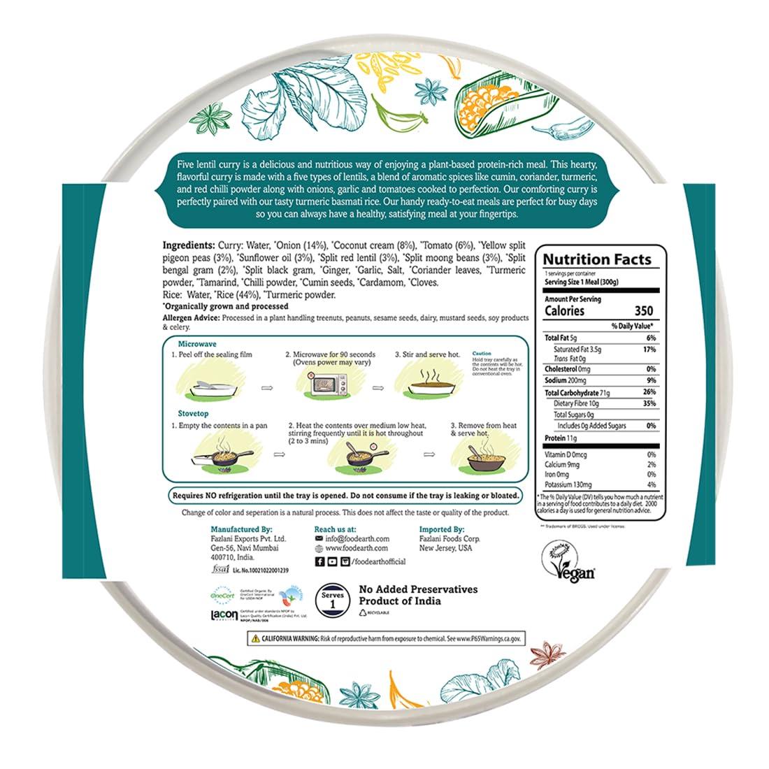 Food Earth Food Earth Ready to Eat Indian Cuisine - Five Lentil Curry with Turmeric Rice - Microwavable, Pre-packaged & Lunchable- Organic, Vegan, Gluten-Free, GMO-Free, Plant-Based - 10.58 oz each - Pack of 6