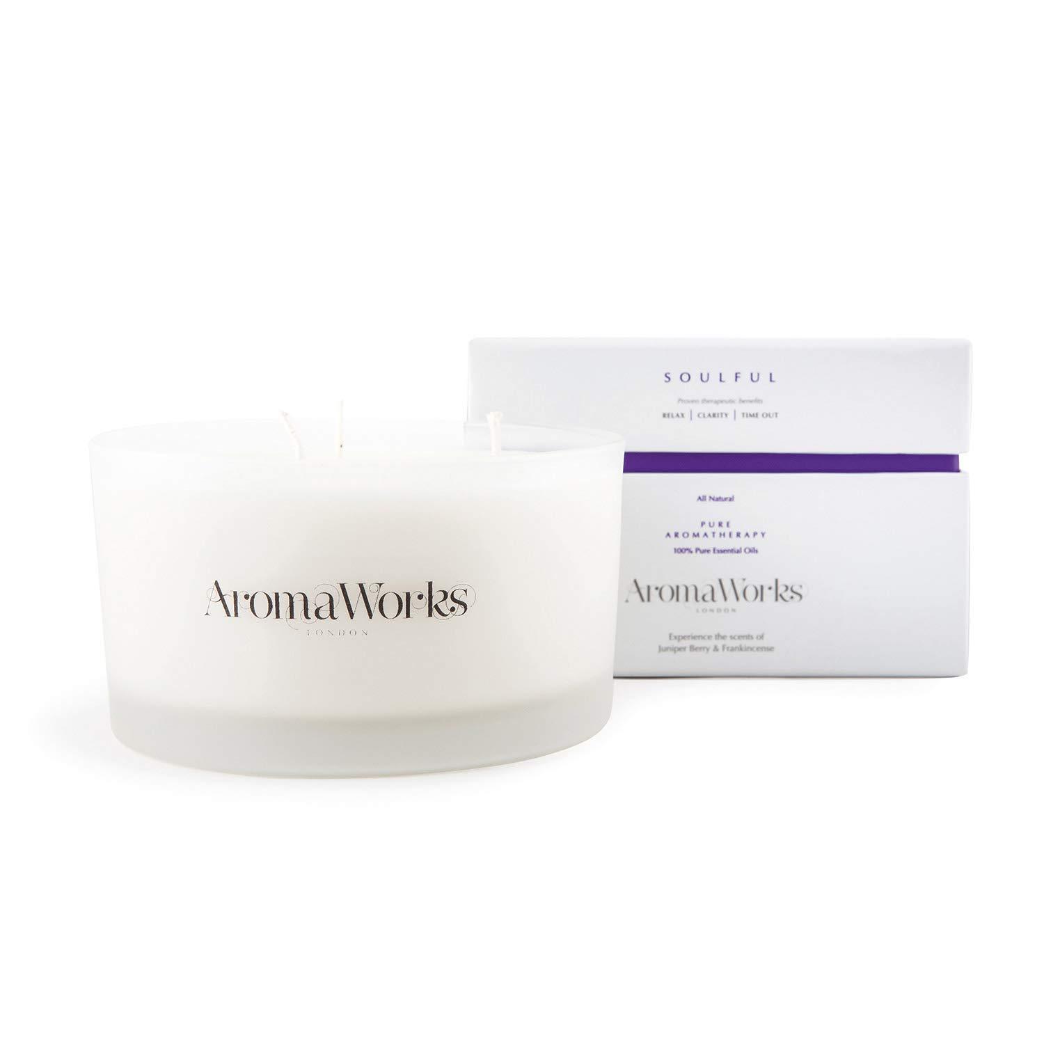 AromaWorks London AromaWorks London Soulful 3 Wick Soy Wax Candle - Frankincense, Juniper Berry and Patchouli Aromas - Relax, Clarity & Time Out - Natural, Vegan, Cruelty Free - Large 14.1oz