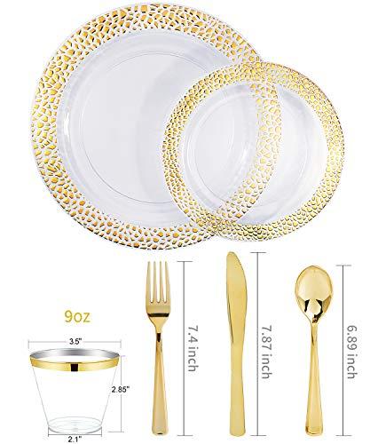 supernal Supernal 180pcs Gold Plastic Dinnerware,Clear Plasitc Plates with Gold Dimond Design,Gold Plastic Silverware,Gold Plates,Clear Cup with Gold Rim,Good Choice for Wedding and Party