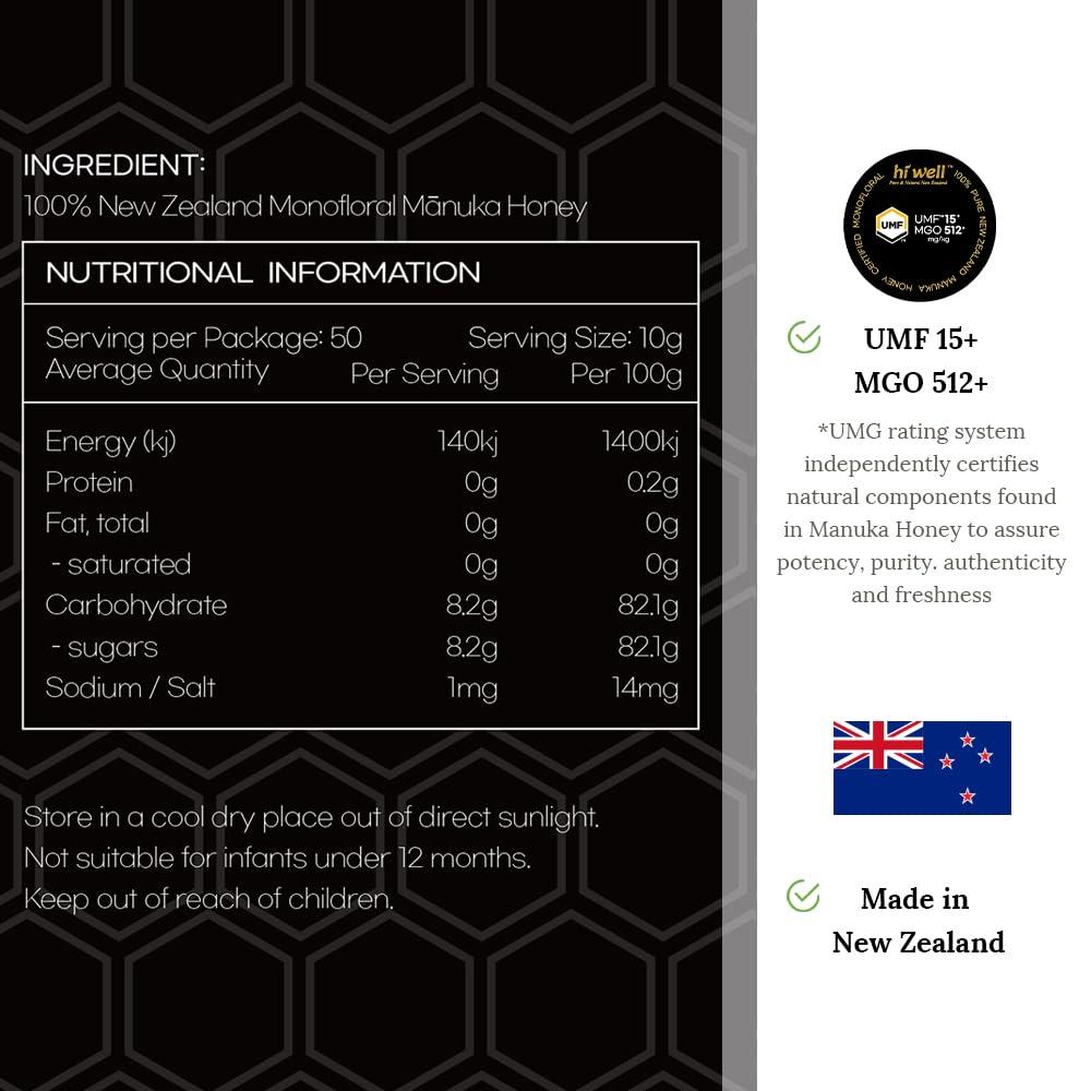 HI WELL PURE & NATURAL NEW ZEALAND Hi Well Premium Manuka Honey Certified Monofloral UMF 15+ MGO 515+ 250g