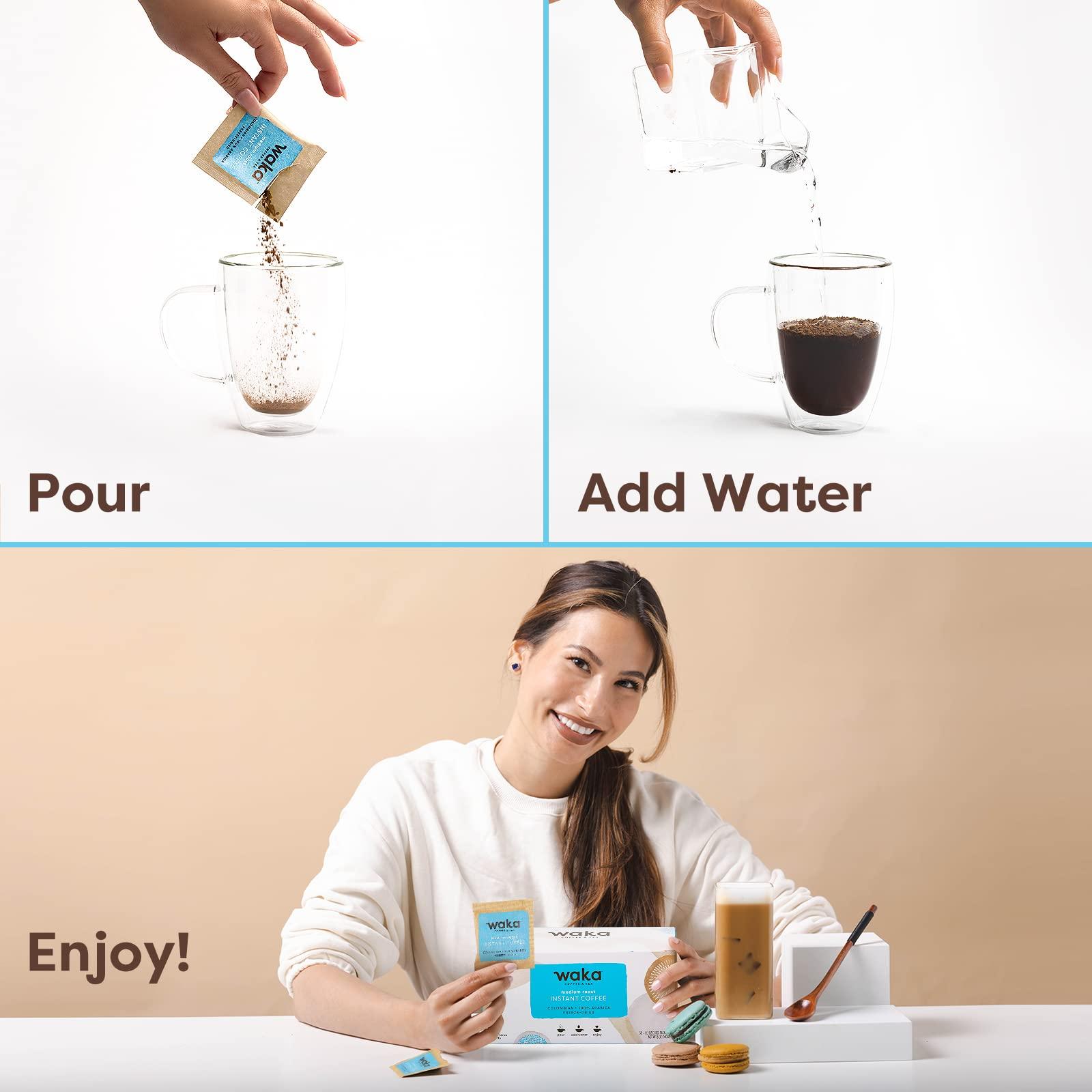 Waka Coffee Waka Premium Instant Medium Roast Coffee (50 Single Serve Packets) & No Sugar Added Green Tea Powder (200 Cups)