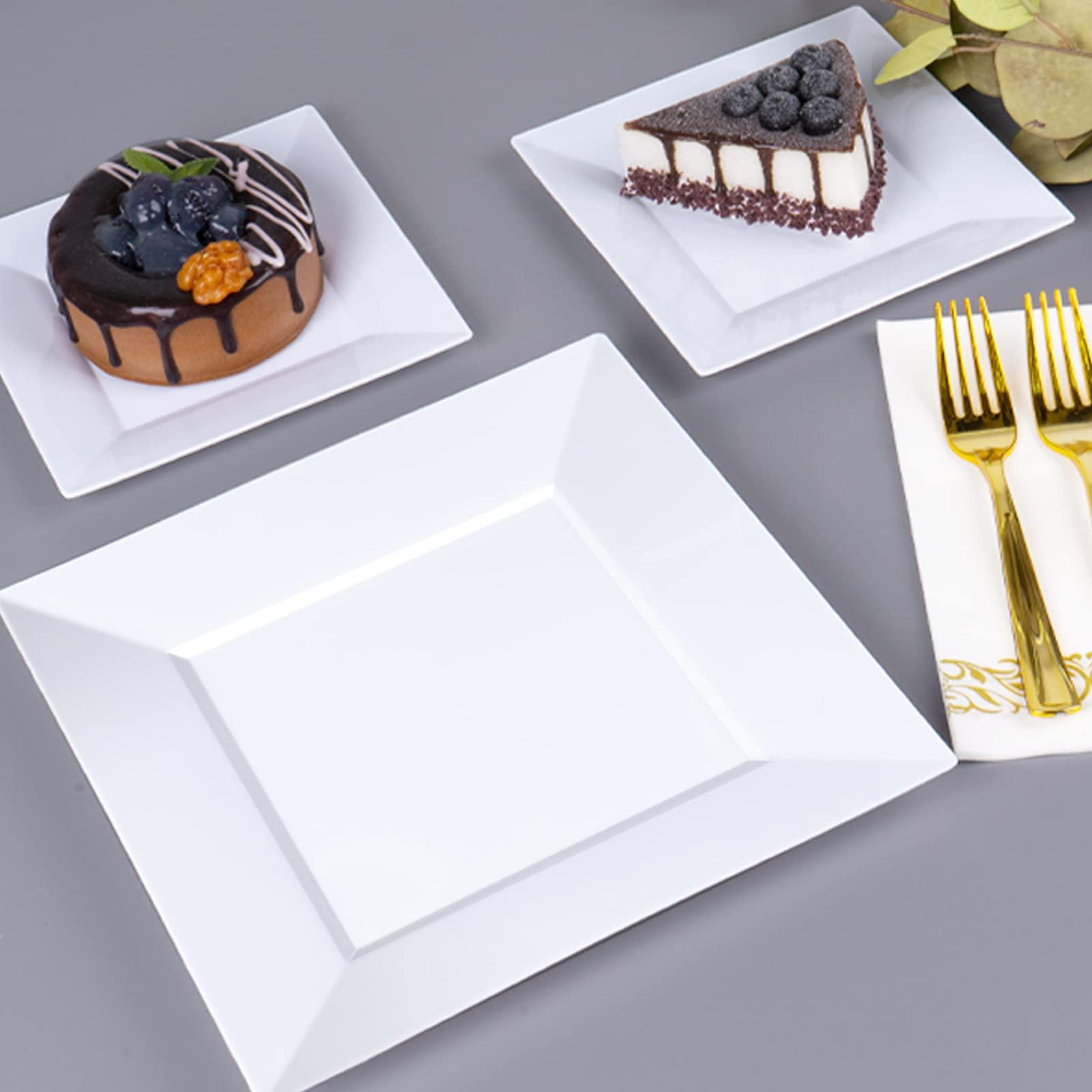 Goodluck Goodluck 100 Pack Disposable Square Plastic Plates, Heavy Duty 50pcs Dinner Plates 9.5\" and 50pcs Dessert Plates 6.5\", Fancy Disposable Plates for Wedding, Holiday Party, Birthday, White