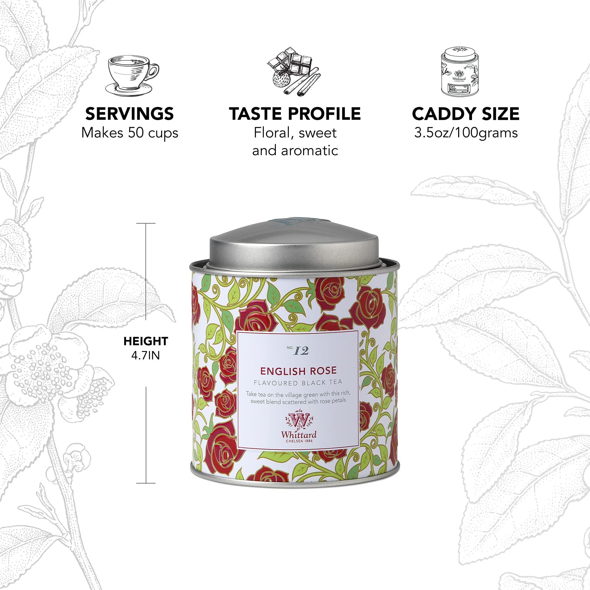 Whittard Whittard of Chelsea - Tea Discoveries English Rose Caddy - Black Loose Leaf Tea, Vegetarian, Vegan Friendly, Resealable Tea Tin (100g, 1ct)