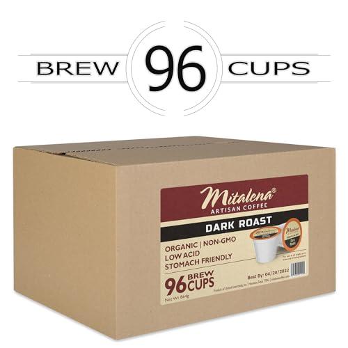 Mitalena Gourmet Coffee Mitalena Dark Roast Low Acid Coffee Pods, Organic French Roast, Small Batch Artisan Coffee, Compatible with Keurig K Cup Coffee Maker, 96 K Cups for Great Value