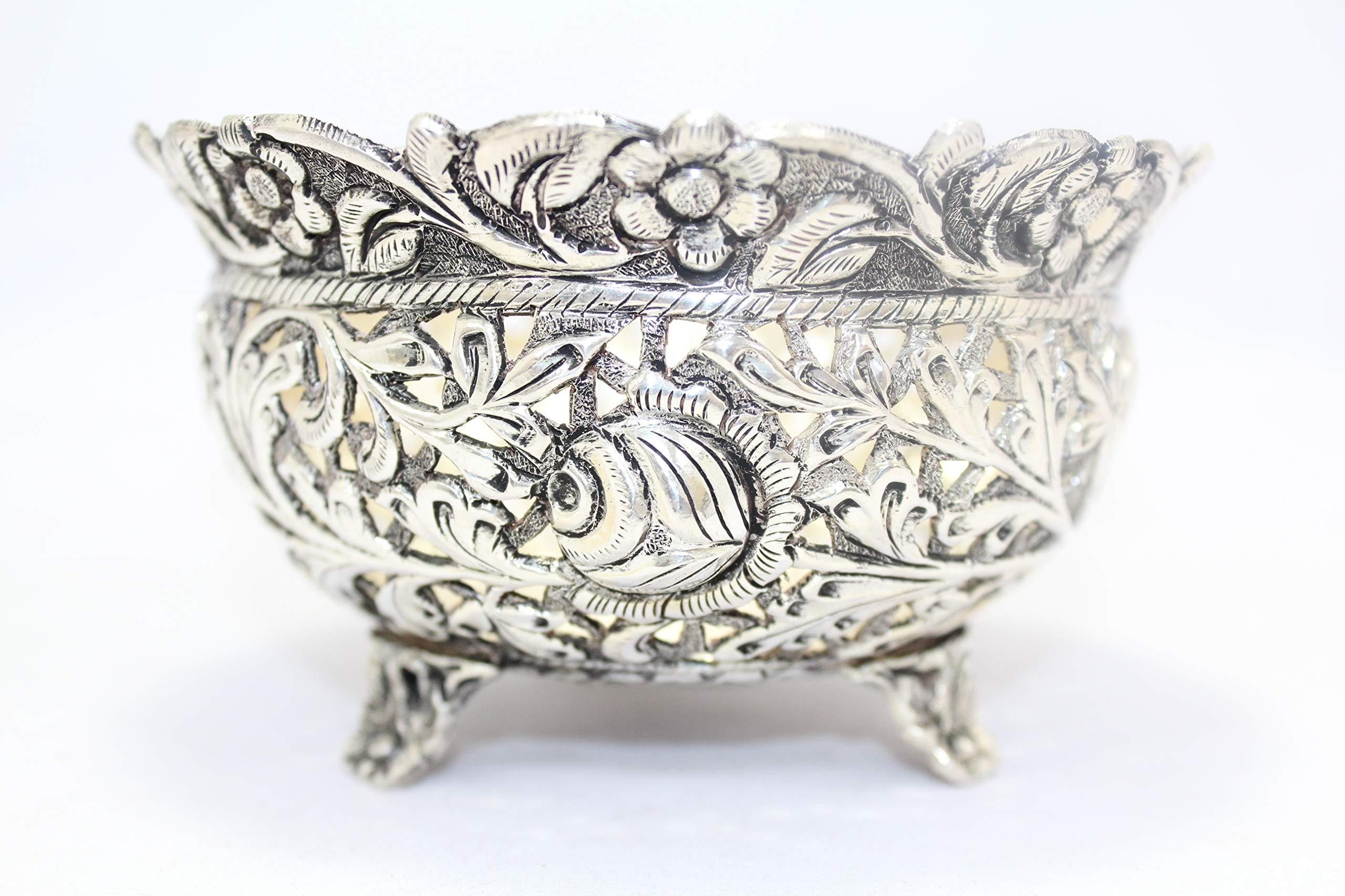 Rajasthan Gems Rajasthan Gems Handmade Dish Bowl Oxidized 925 Sterling Solid Silver India Hand Engraved F