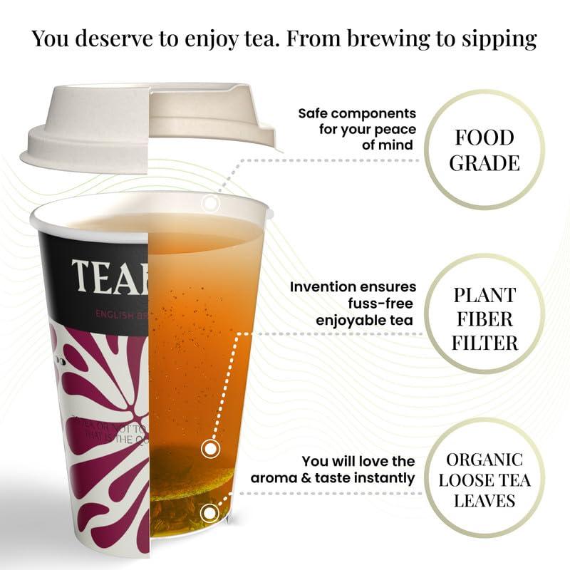 TEADEUS TEADEUS English Breakfast Tea in a Cup - 100 Eco-Friendly and Convenient Cups to Go with Organic Loose Leaf Tea, Enjoy Hot or Iced, for Home, Travel & Office