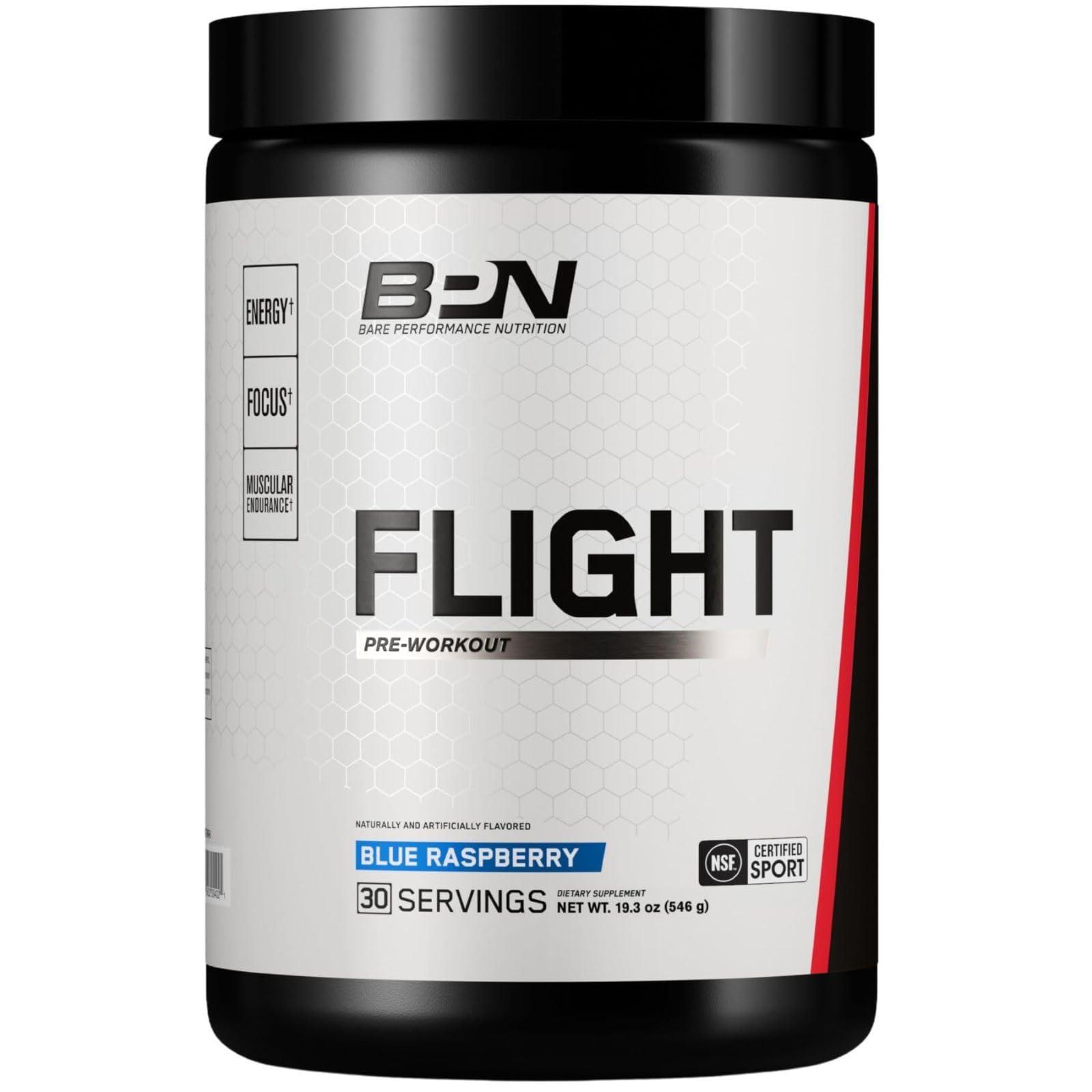 BARE PERFORMANCE NUTRITION Bare Performance Nutrition BPN Flight Pre Workout, Supports Energy and Mental Focus, Improved Endurance & Muscle Pumps with CarnoSyn Beta Alanine, Blue Raspberry, 30 Servings