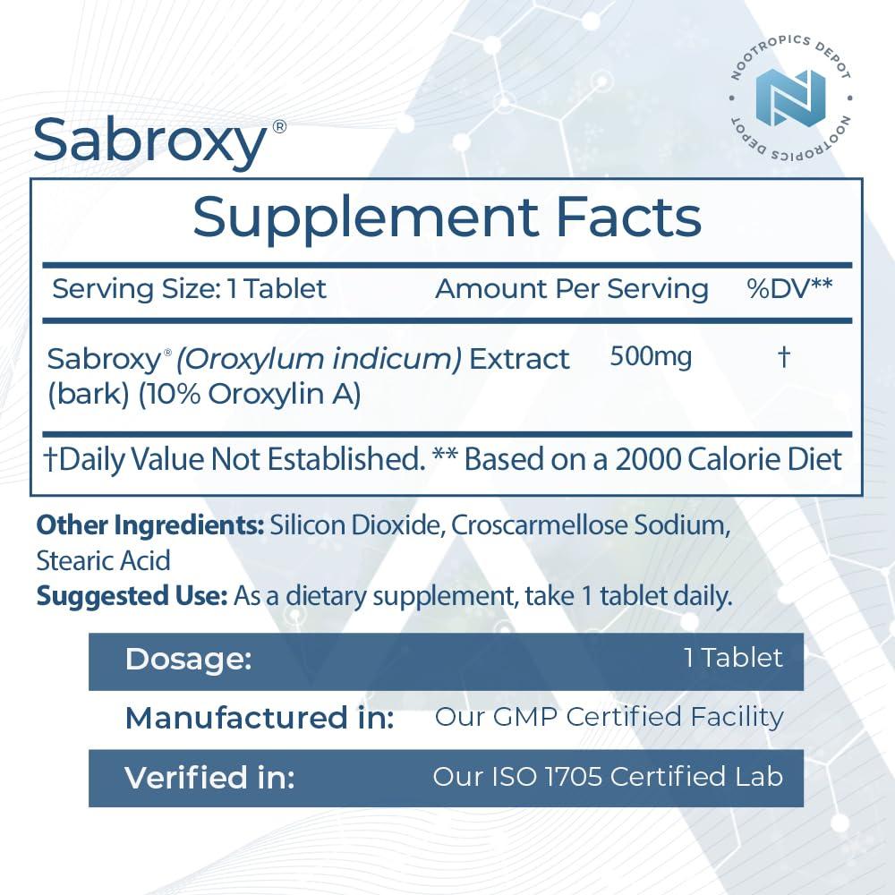 Nootropics Depot Nootropics Depot Sabroxy Tablets | 500mg | 60 Count | Minimum 10% Oroxylin-A | Oroxylum indicum | May Help Promote Focus & Motivation | May Help Promote Cognitive Function