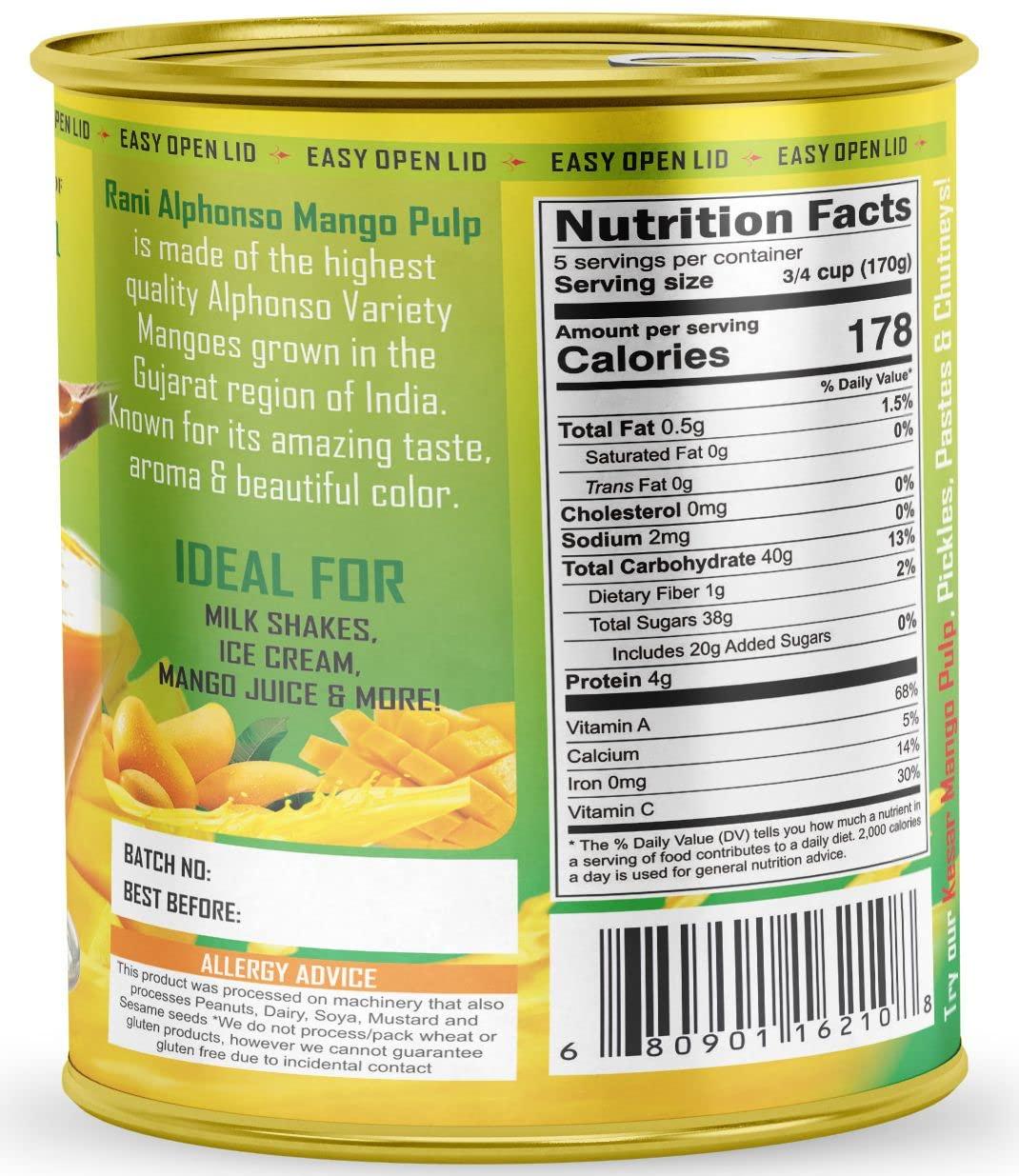Rani Brand Authentic Indian Products Rani Mango Pulp Puree (Makes Mango Lassi Shakes) Alphonso Sweetened 30oz (1.875lbs) 850g ~ Kosher | All Natural | NON-GMO | Vegan | No colors | Gluten Friendly | Indian Origin
