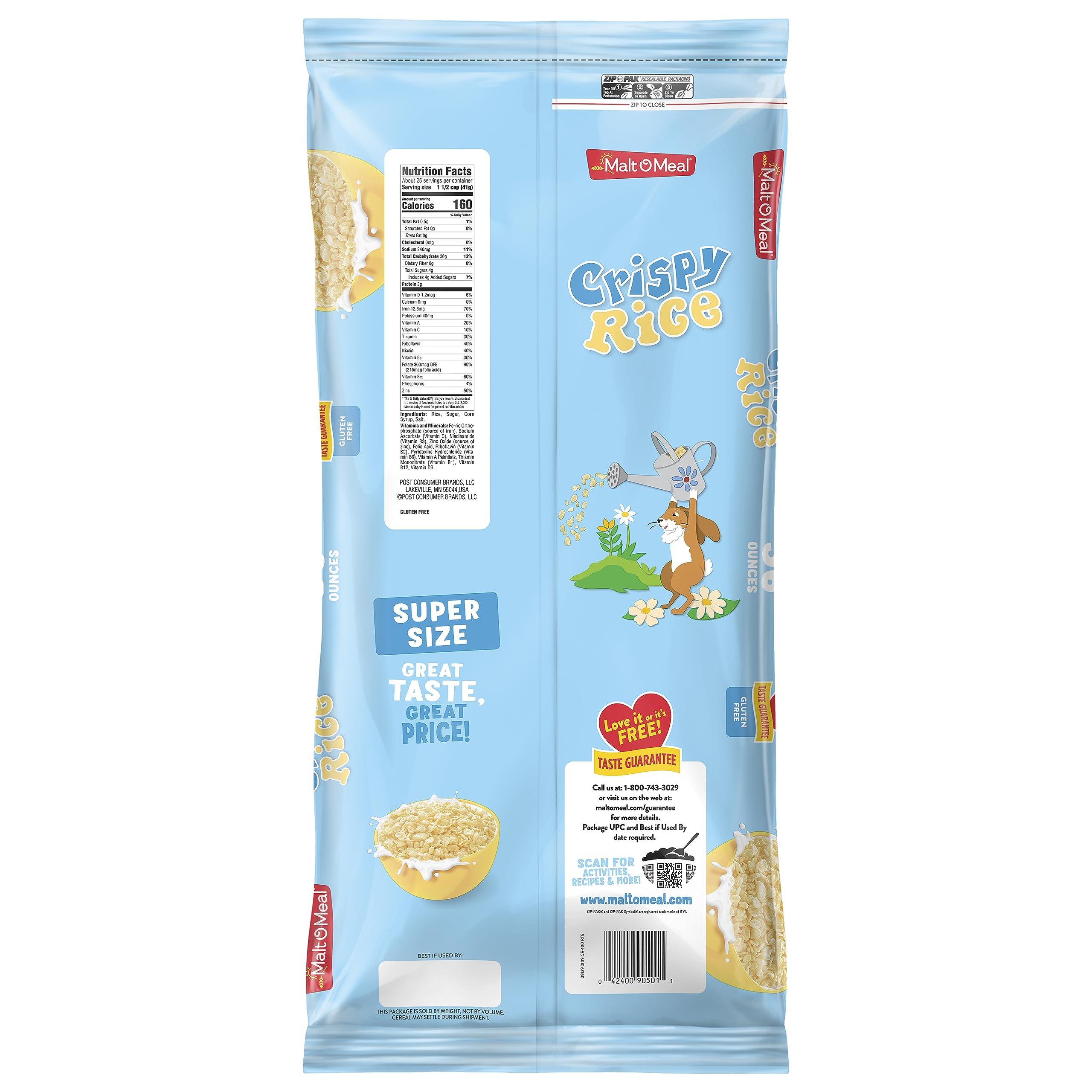 Malt-O-Meal Malt-O-Meal Crispy Rice Gluten Free Breakfast Cereal, Crunchy Rice Cereal, Large Cereal for Family, 36 OZ Resealable Cereal Bag