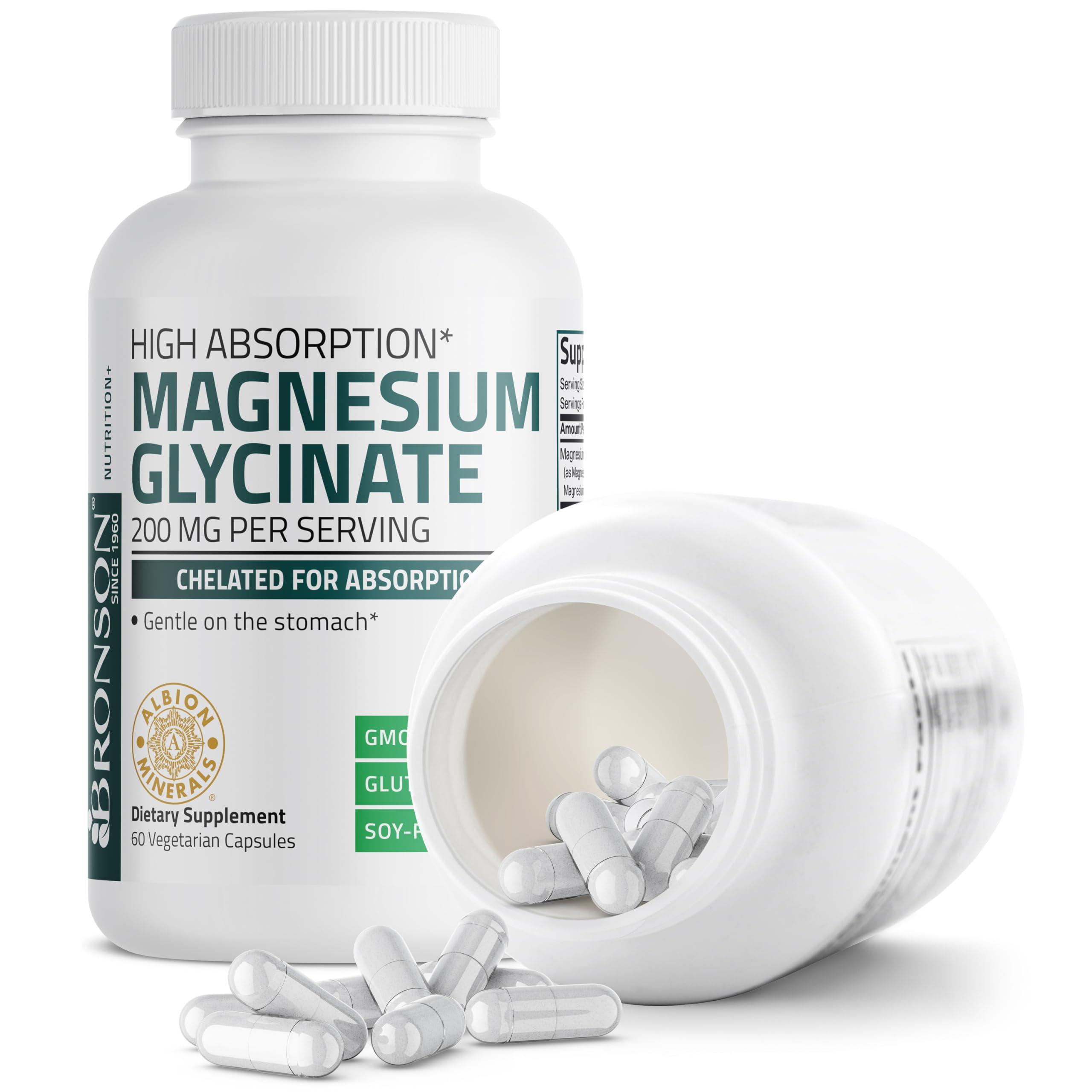 Bronson Bronson Magnesium Glycinate 200 MG per Serving Chelated for High Absorption, Gentle On Stomach, Non-GMO, 60 Vegetarian Capsules
