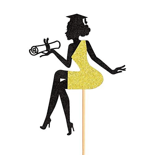 Cyodoos Cyodoos 1 PC High Heel Girl Graduation Cake Topper with Grad Cap Diploma 2023 Graduation Cake Pick 2023 Senior Graduation Cake Decorations for 2023 Girl Graduation Theme Party - Black Gold Glitter