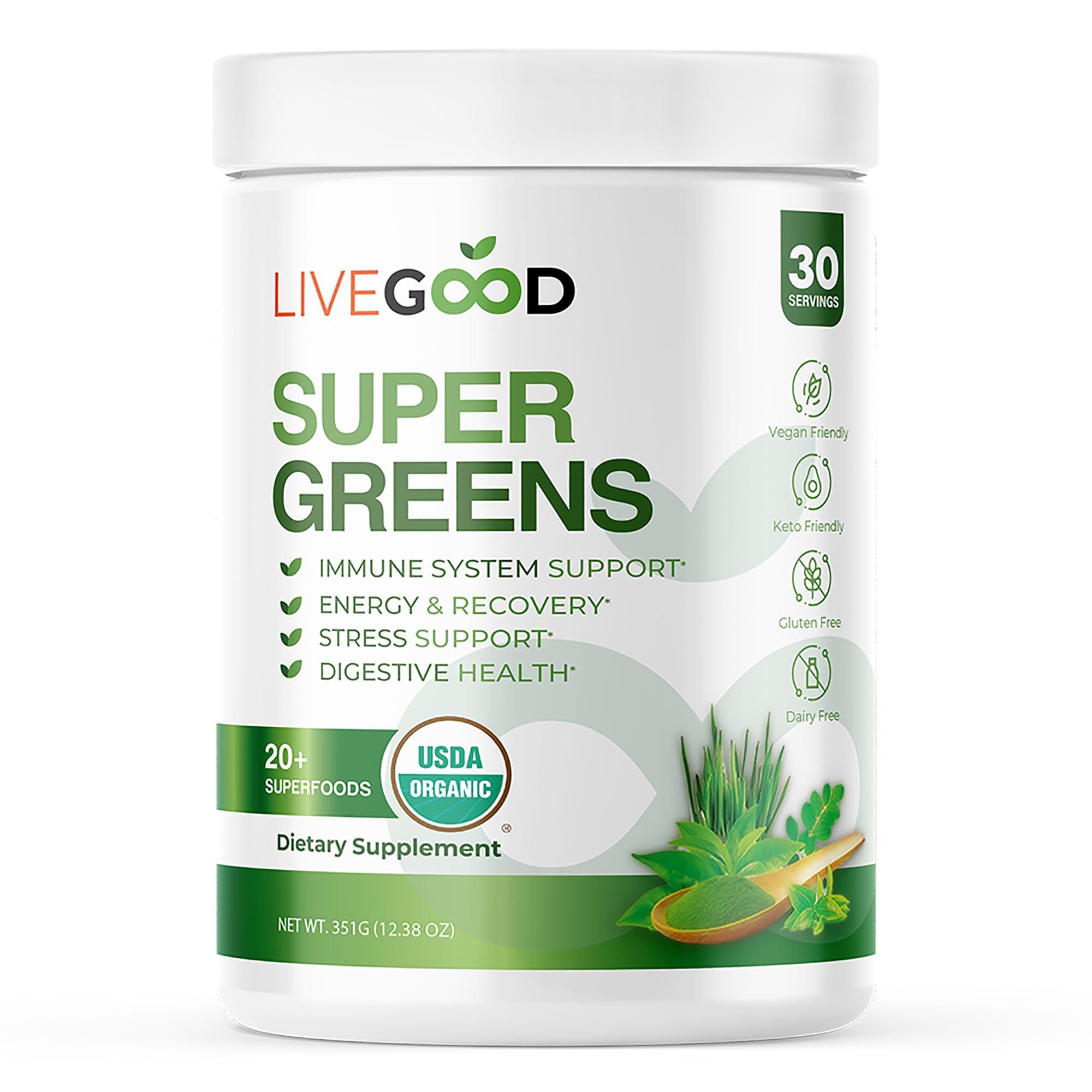 LIVEGOOD LIVEGOOD Organic Super Greens with Wheat, Barley, Oat Grass, Matcha Green Tea, Aloe Vera, Vegan, Gluten Free, 7.2 oz.