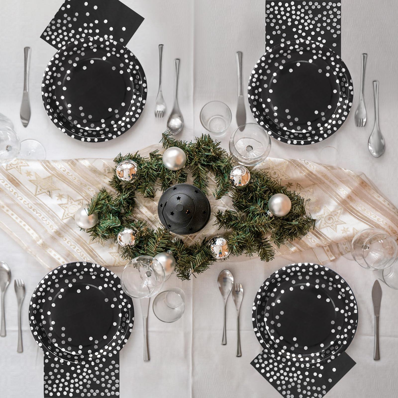 Boocikey 150 PCS Black Plates and Napkins Party Supplies,Black Paper Plates Severs 50,Black and Silver Party Decorations for Birthday Retirement Wedding New Years Decorations