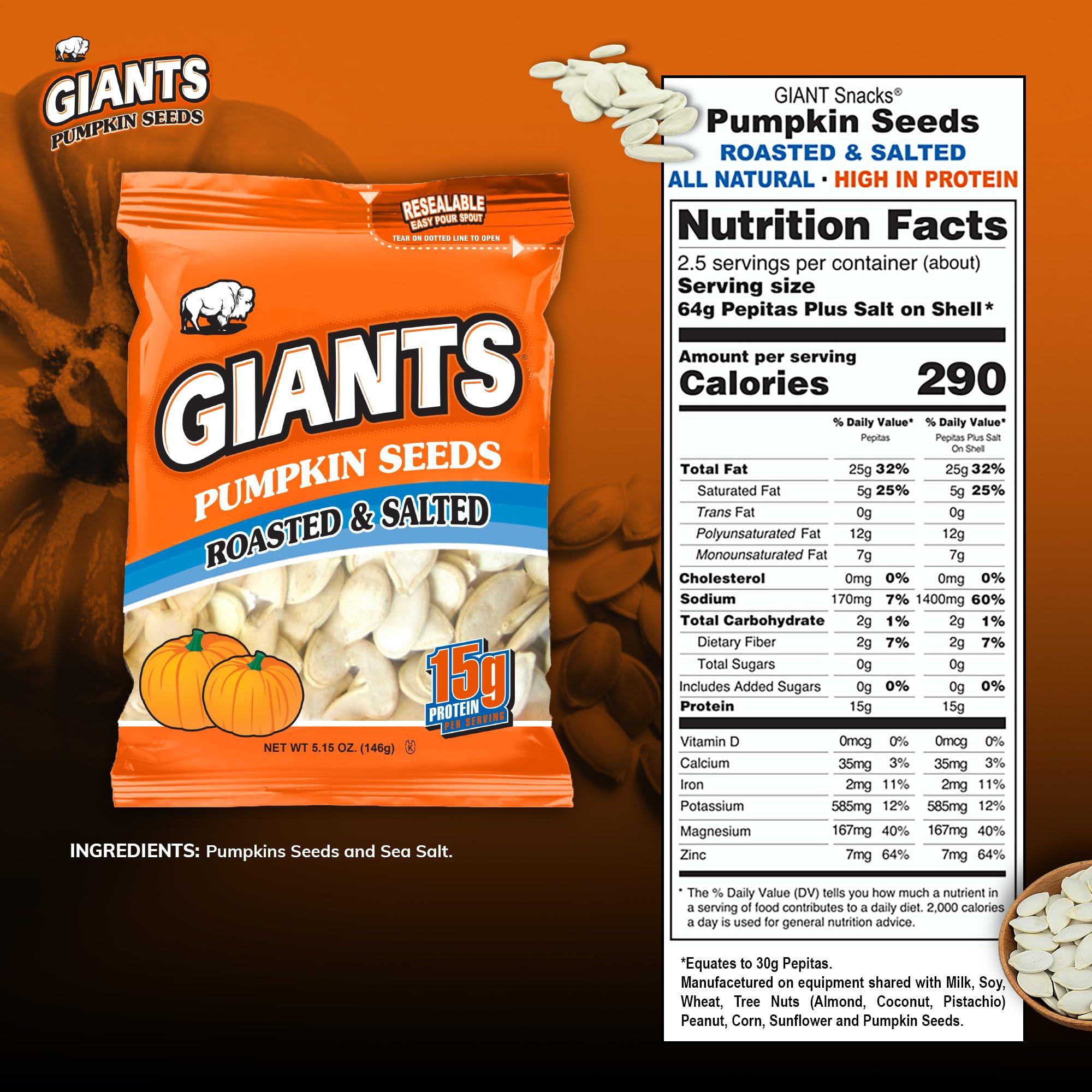 GIANTS SUNFLOWER SEEDS GIANTS Pumpkin Seeds - Pumpkin Seeds in Shell, Pumpkin Seeds to Eat, Roasted and Salted, Whole Pumpkin Seeds with Shell, High Protein Snack with 15g Protein Per Serving - 5.15 oz (Pack of 2)