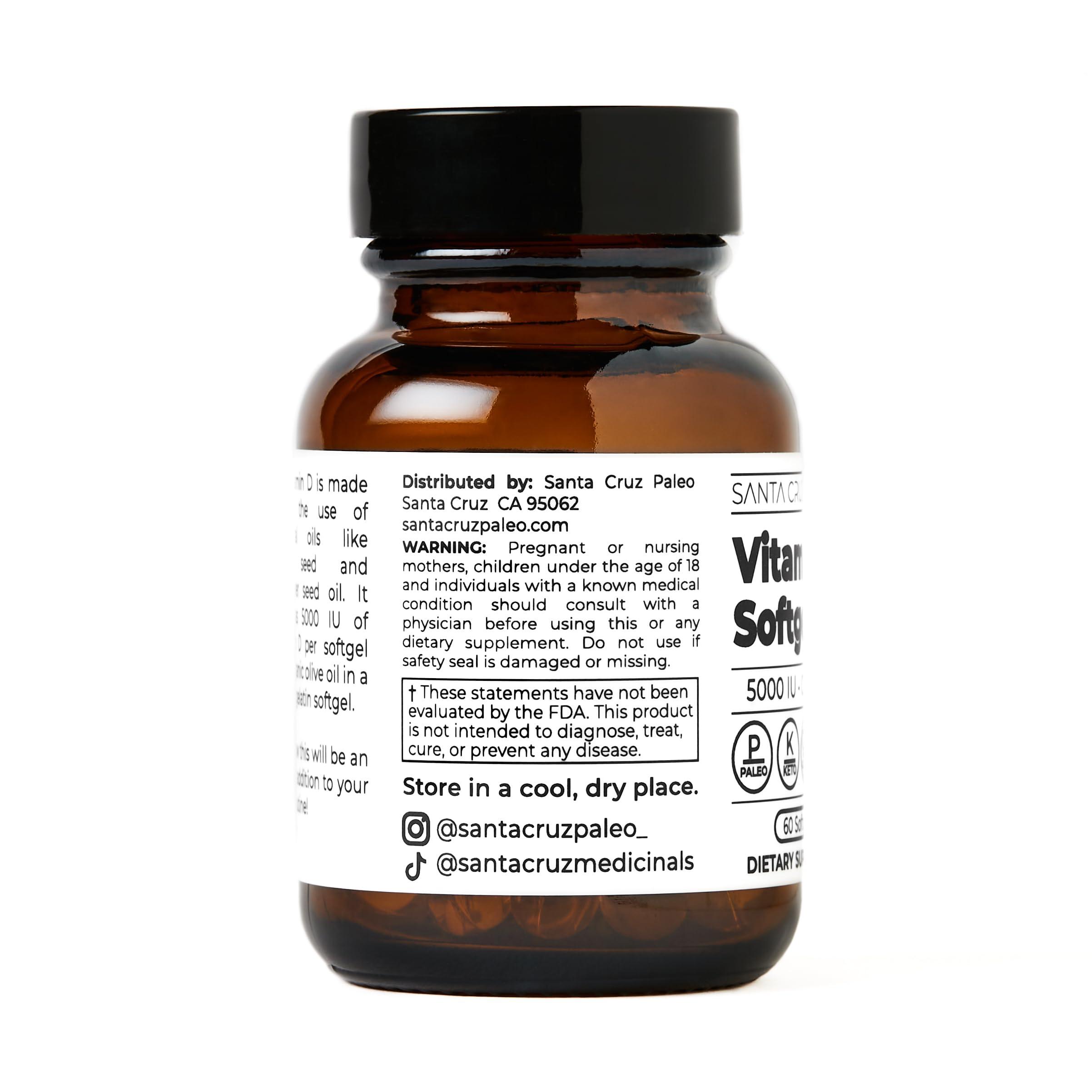 Santa Cruz Paleo Santa Cruz Paleo Vitamin D Supplement, Bone Health & Immune Support, 5000 i.u. Per Softgel, Gluten Free, Keto, Sugar Free, Paleo, Vitamin D3, Olive Oil for Absorption, Natural Ingredients, 60 Softgels