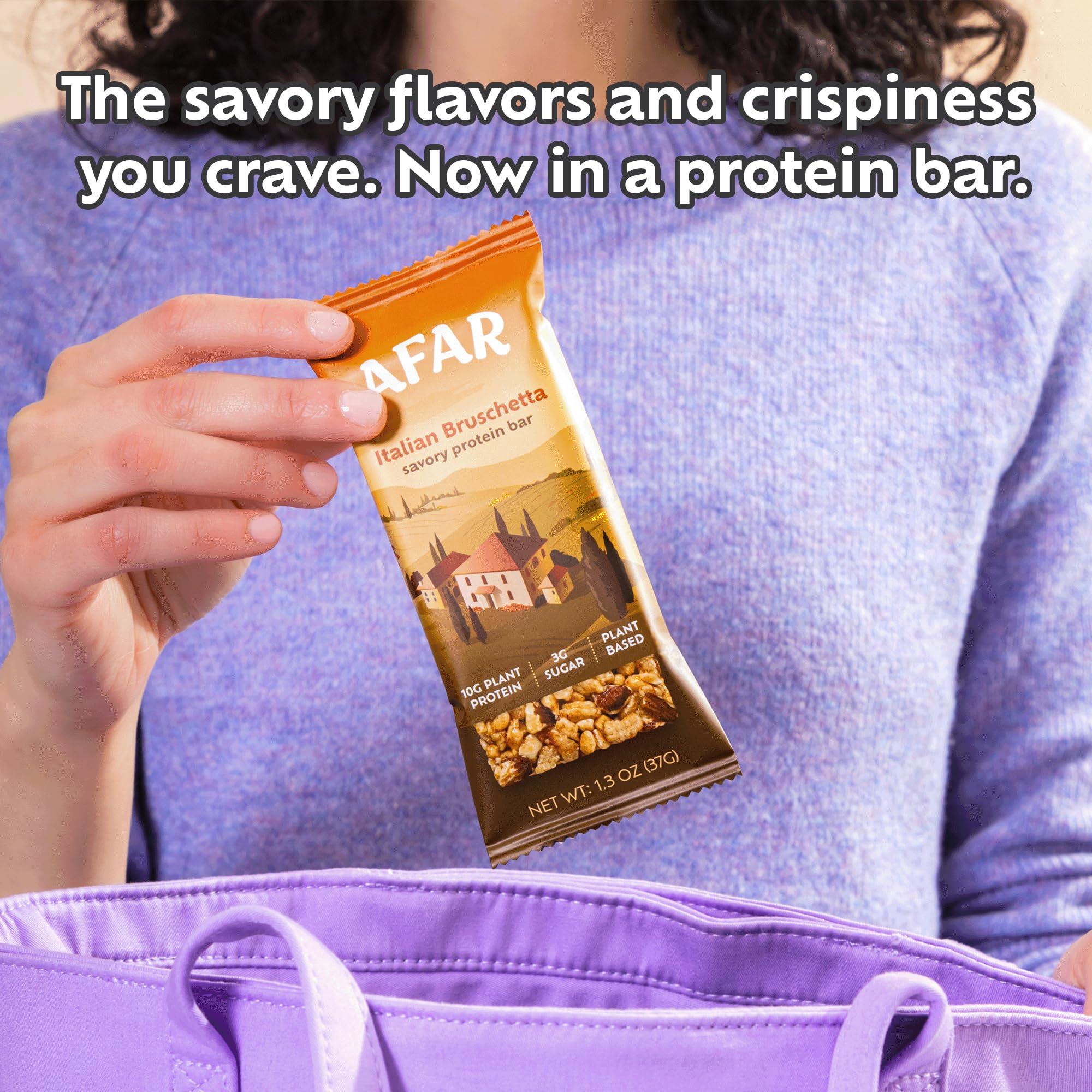 Afar Afar Savory Protein Bars Low Sugar, High Protein Healthy Snack for Adults Meal Replacement Bar Rice Crispy Texture Vegan, Gluten Free 8 Bars (Italian Bruschetta)