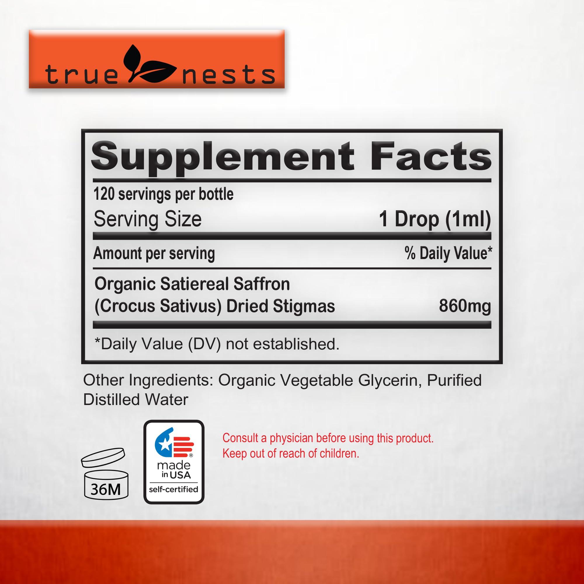 True Nests Organic Saffron Tincture Pure Saffron Extract Drops Premium Saffron Crocus Liquid Supplement Natural, Vegan, Non-GMO Pure Saffron Liquid Extract 4oz