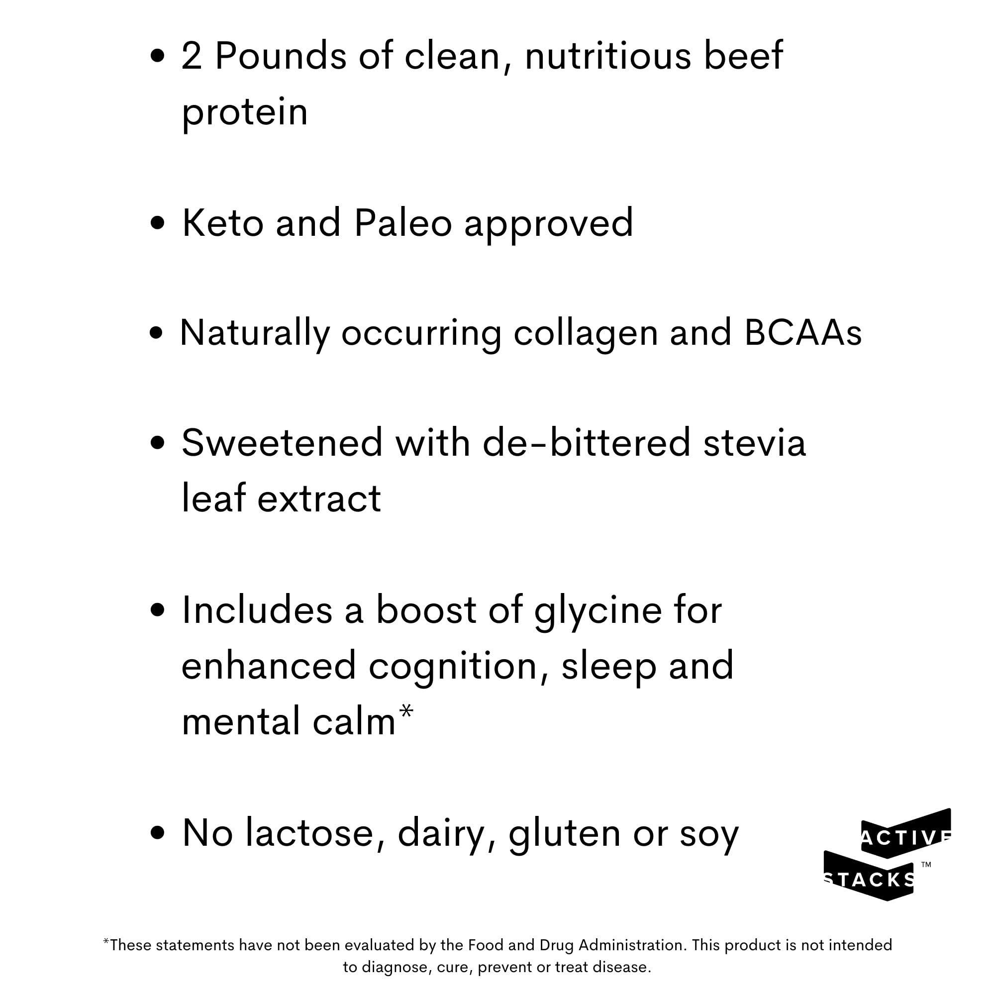 Active Stacks Active Stacks Beef Protein Isolate Powder, Chocolate - Dairy Free with Natural Collagen for Keto, Paleo, Bone Broth & Low Carb Diets, 2 Pound