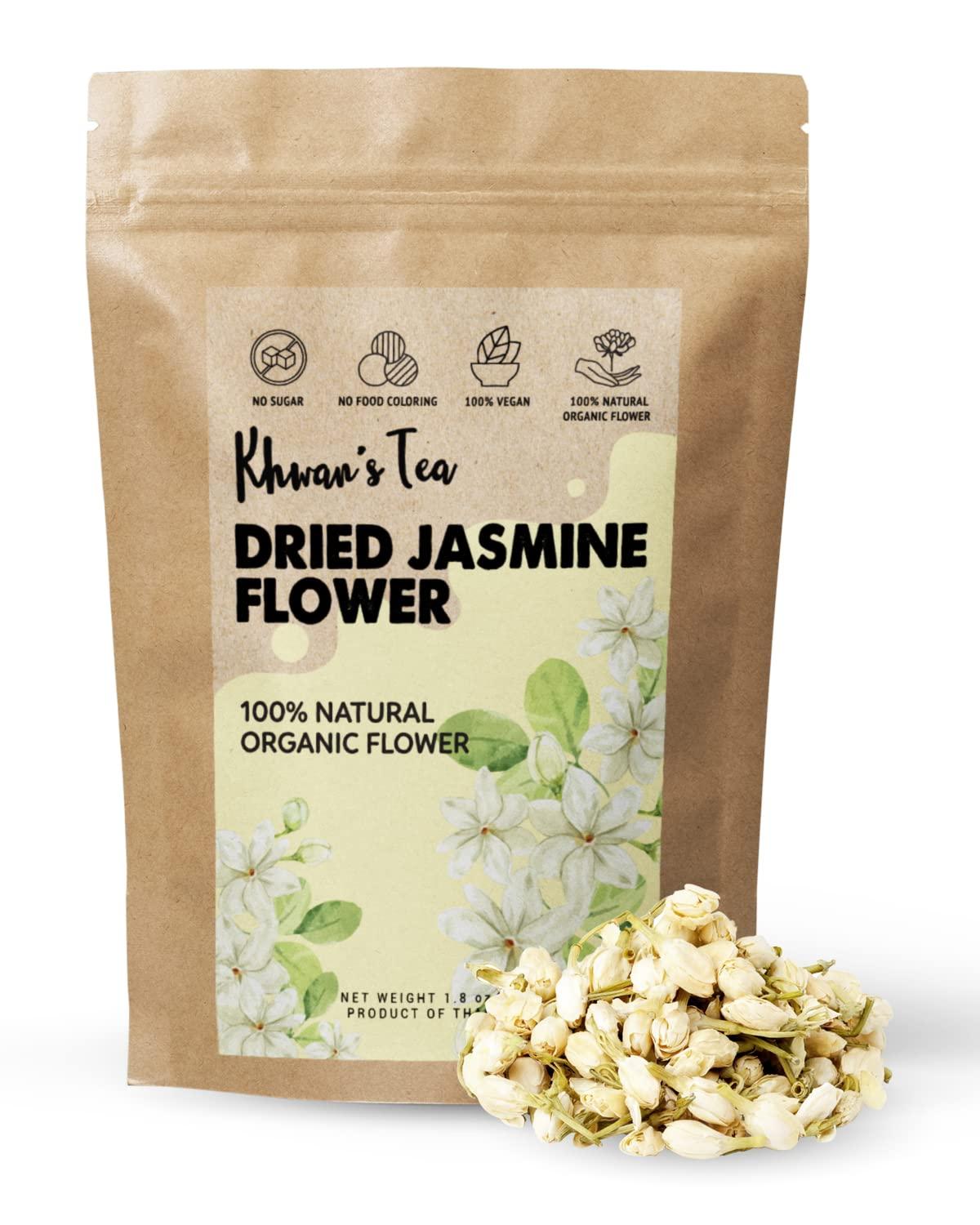 KHWAN'S TEA Pure Dried Jasmine Flower Buds Petals Herbal Decaf Tea 1.76 oz, non-GMO, Vegan Organic Botanical Flowers Kit