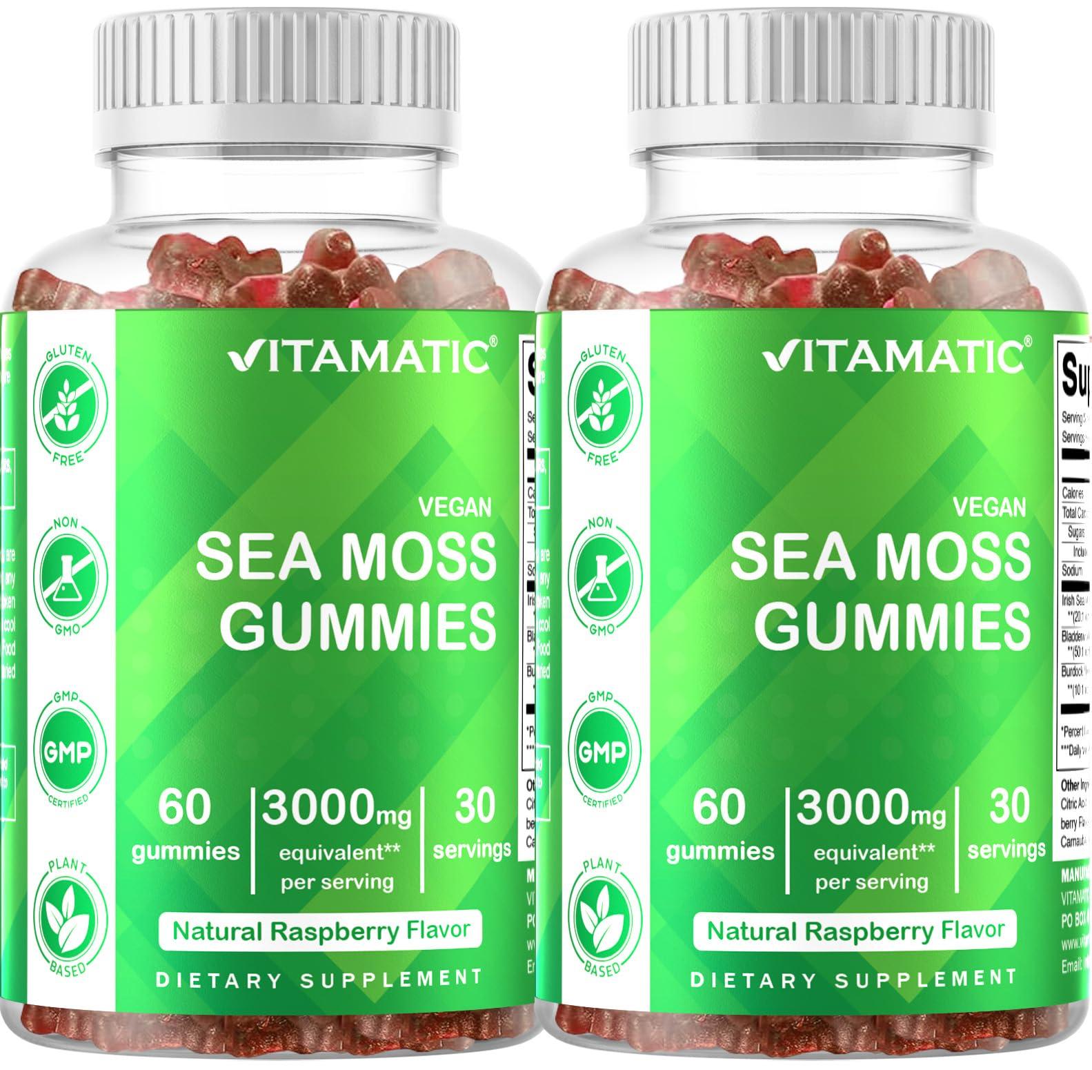 Vitamatic Vitamatic 2 Pack Irish Sea Moss Gummies- 3000mg Equivalent Per Serving (from Extract 132.5 mg) - 60 Ct - Made with Bladderwrack & Burdock Root - Seamoss Supplement for Thyroid, Energy, Immune Support