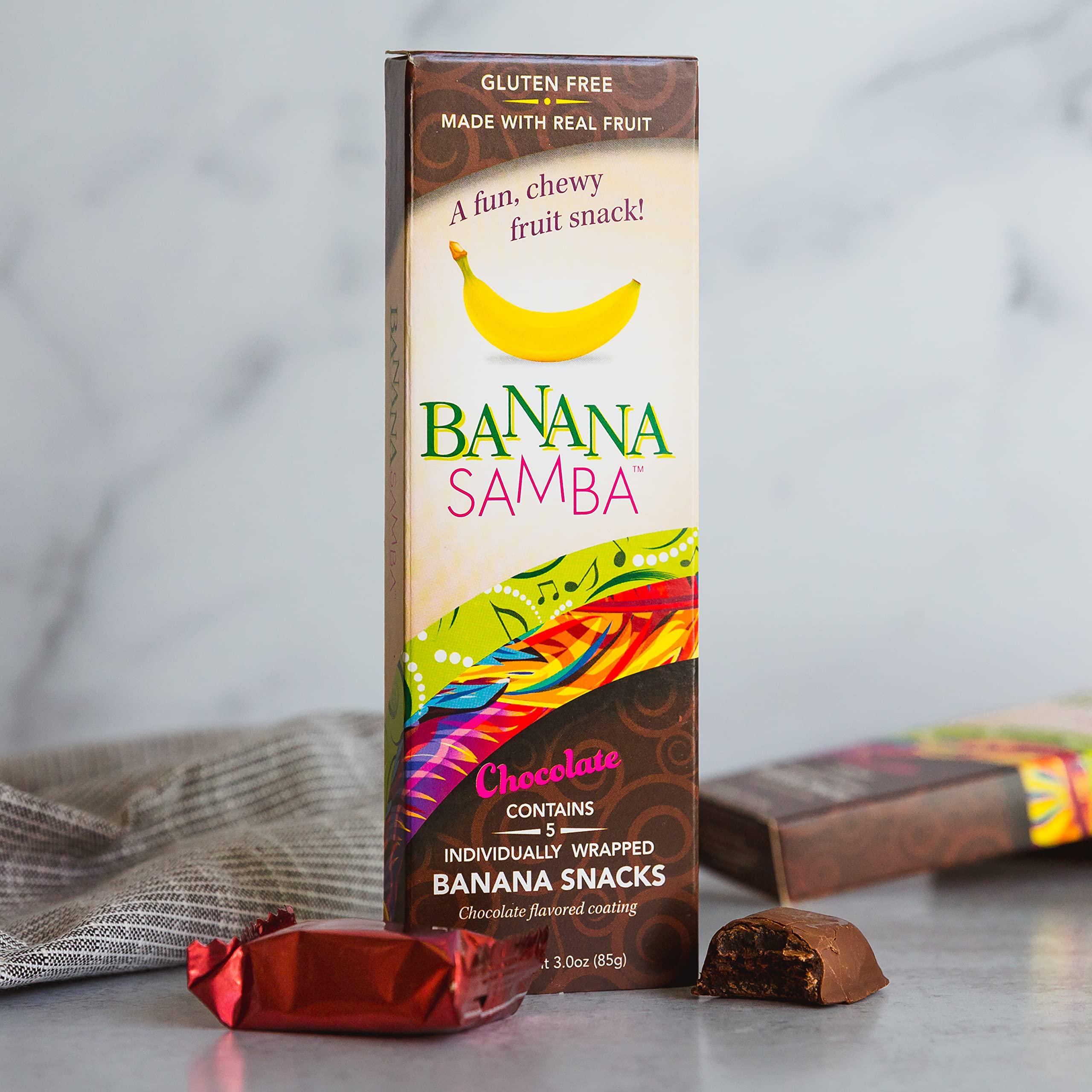 Banana Samba Banana Samba Chocolate - delicious bananas chewy bites covered with semi-sweet chocolate -5 individually wrapped pieces per box.
