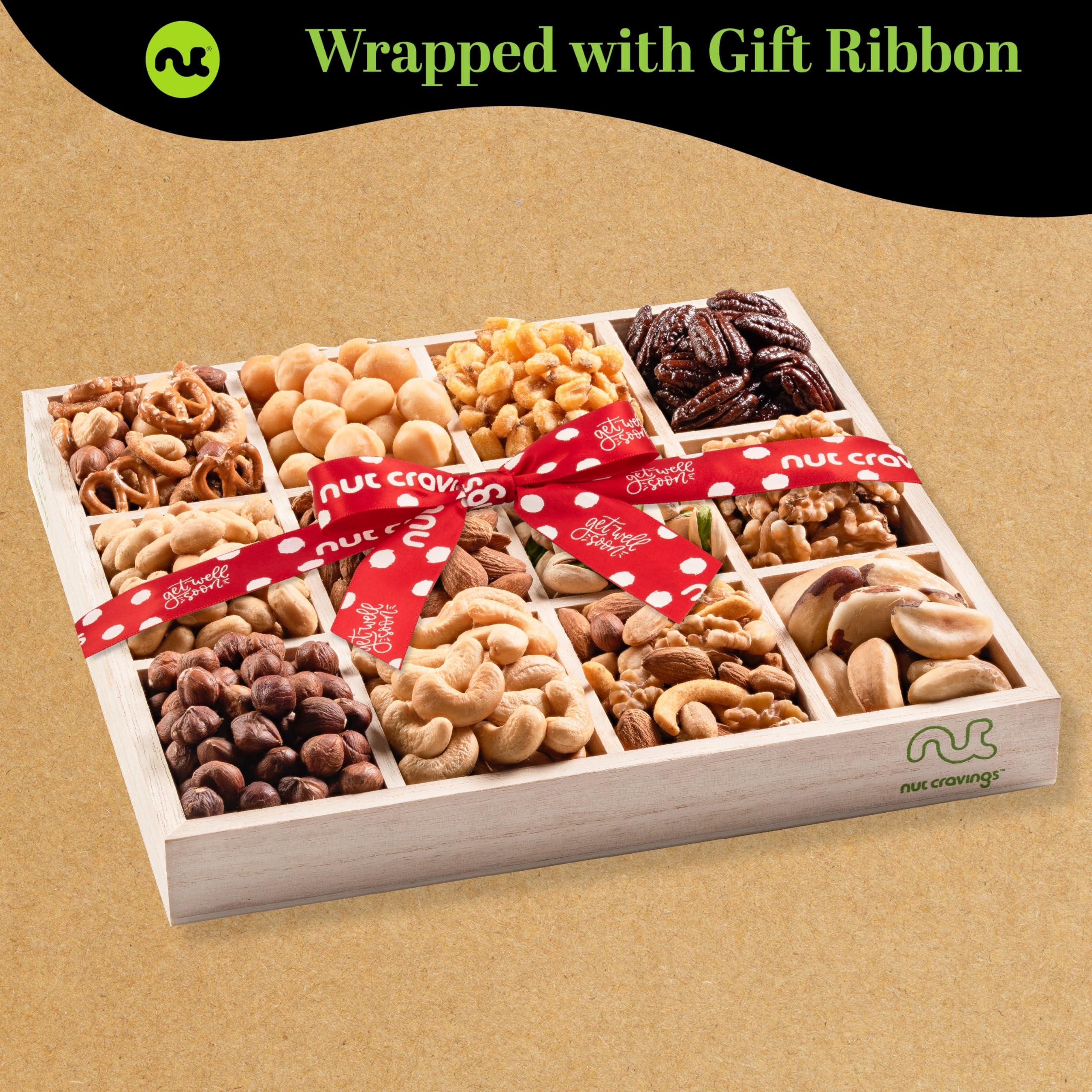 Nut Cravings NUT CRAVINGS Gourmet Collection - Get Well Soon Nuts Gift Basket with Get Well Soon Ribbon in Reusable Wooden Tray (12 Assortments) Care Package Variety, Kosher Snack Box