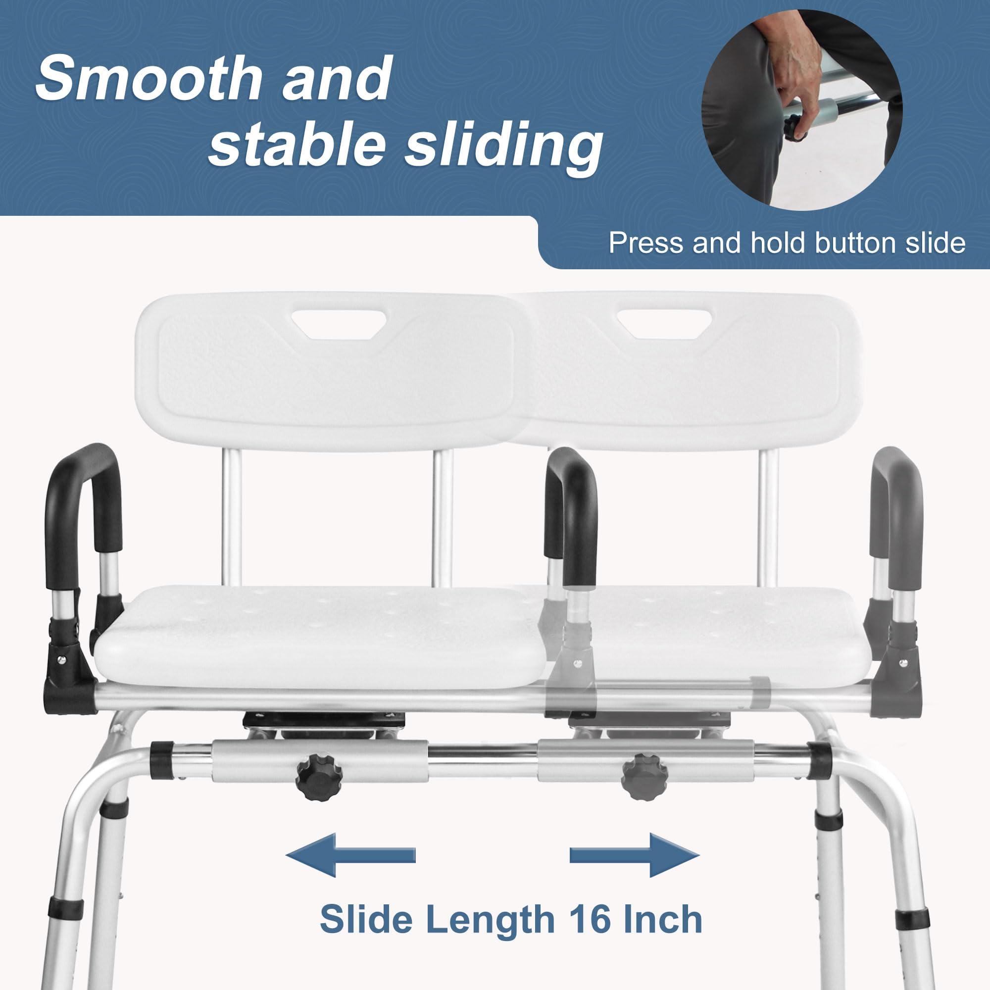 Eosprim EOSPRIM Sliding Shower Chair with Extra-Wide 360 Swivel Seat, 400 Lbs Capacity Tub Transfer Bench, Non-Slip & Padded Arms, Height Adjustable for use by Elderly & Disabled Persons in The Shower stall