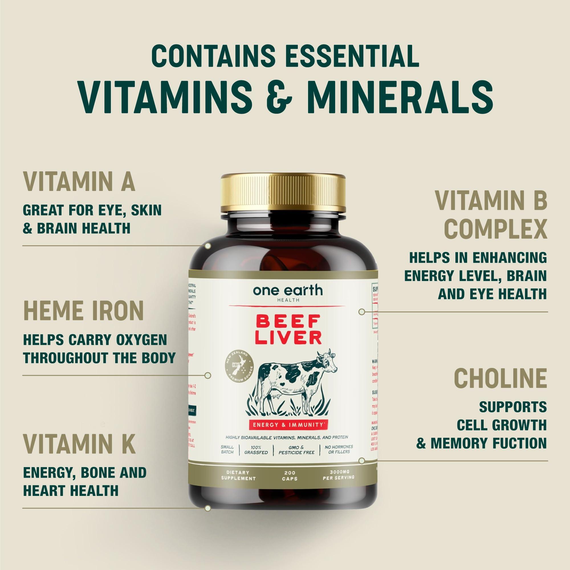 One Earth Health One Earth Health Beef Liver Capsules. 100% Grass Fed New Zealand Beef Liver. Pasture Raised. GMO and Filler Free. 200 Capsules (3,000mg Serving)
