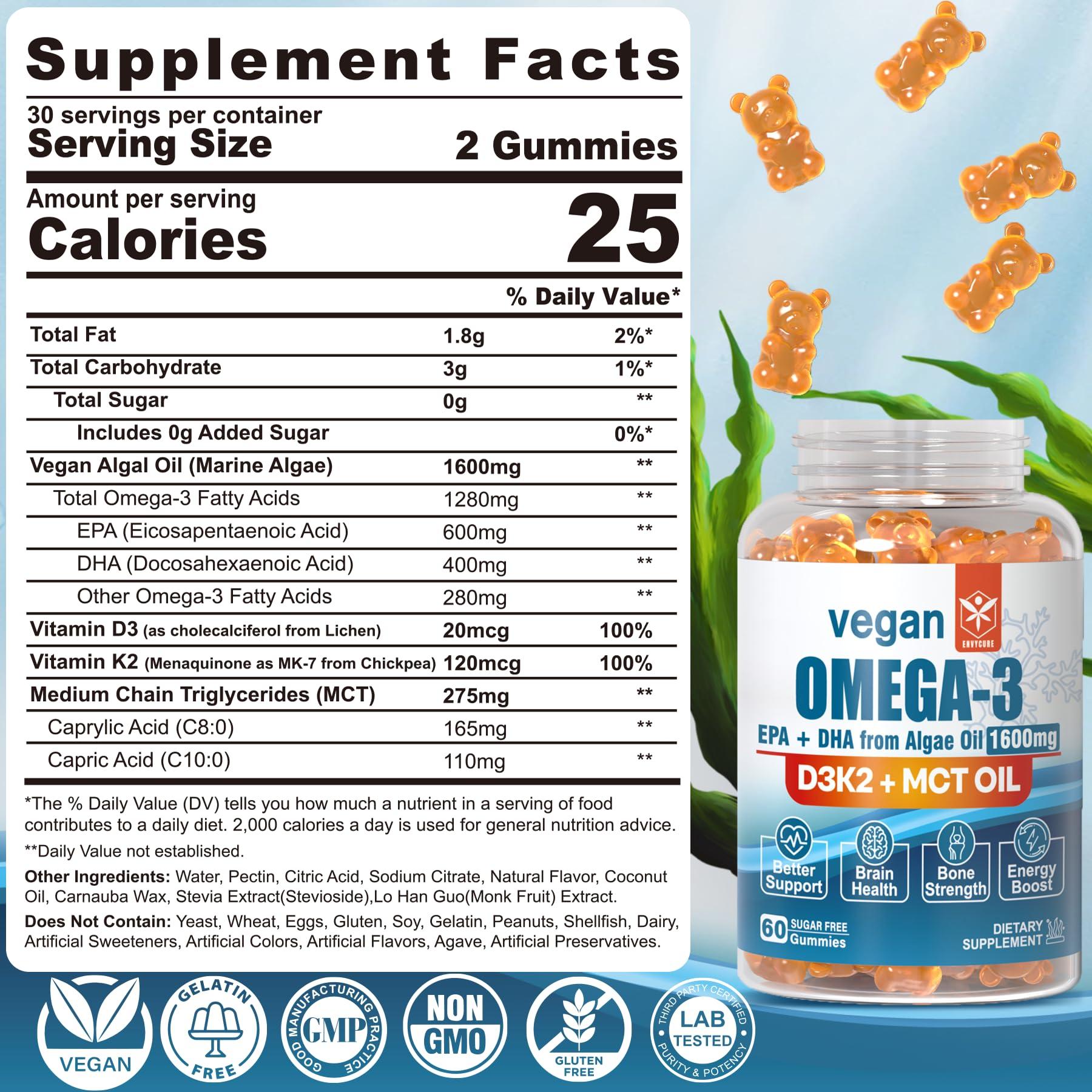 EnvyCure Vegan Omega 3 Gummies 1280mg + Vitamin D3 K2 (MK7), Omega 3 Fish Oil Alternative for Adults, w/Algae EPA 600mg & DHA 400mg, MCT Oil - No Fish Taste - for Brain, Eye, Immune Health, Sugar Free, 2 Pack