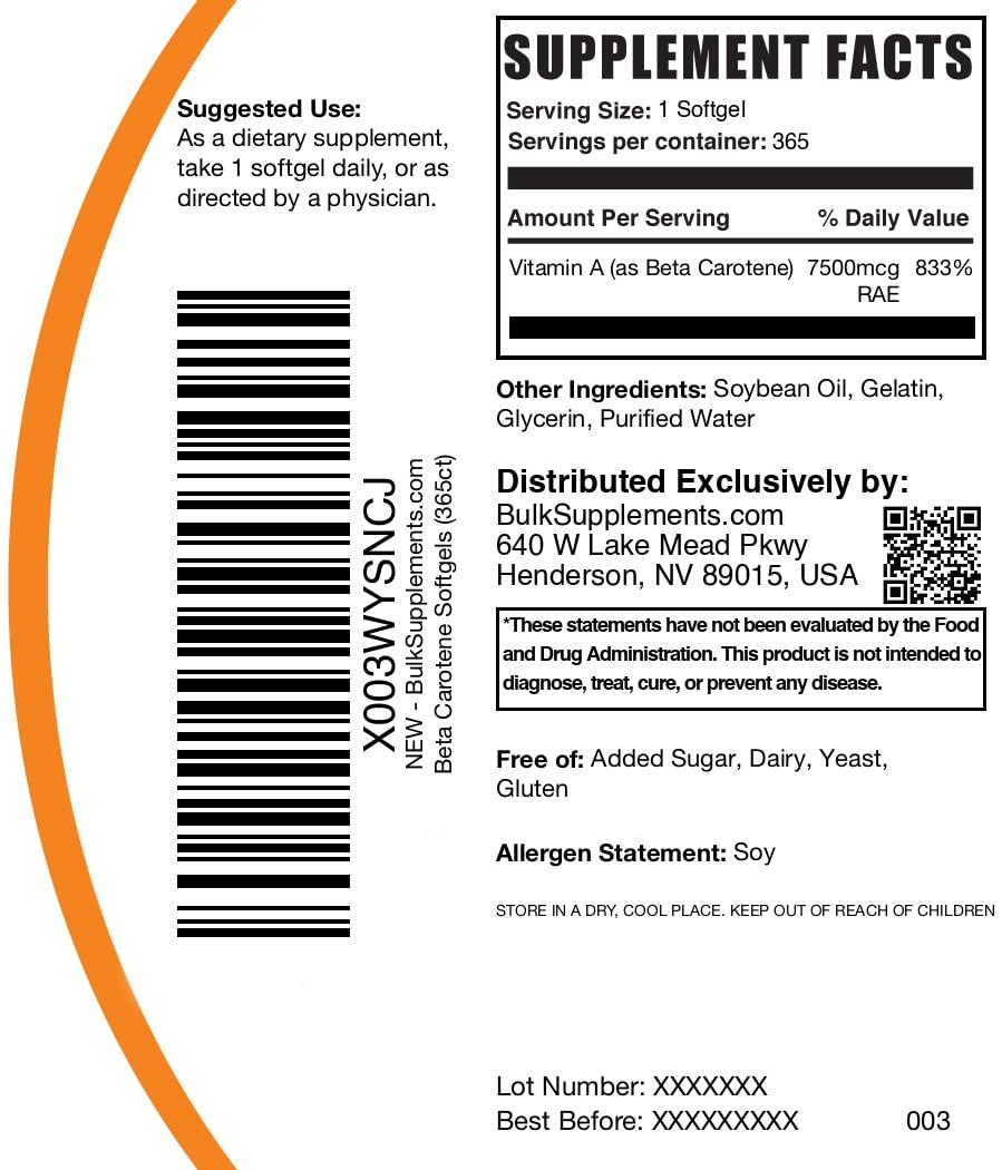 BulkSupplements BulkSupplements.com Beta Carotene 25000 IU Softgels - Vitamin A Supplement, Beta Carotene Supplements - for Eye Support, Gluten Free, 1 Softgel per Serving, 365 Count (Pack of 1)